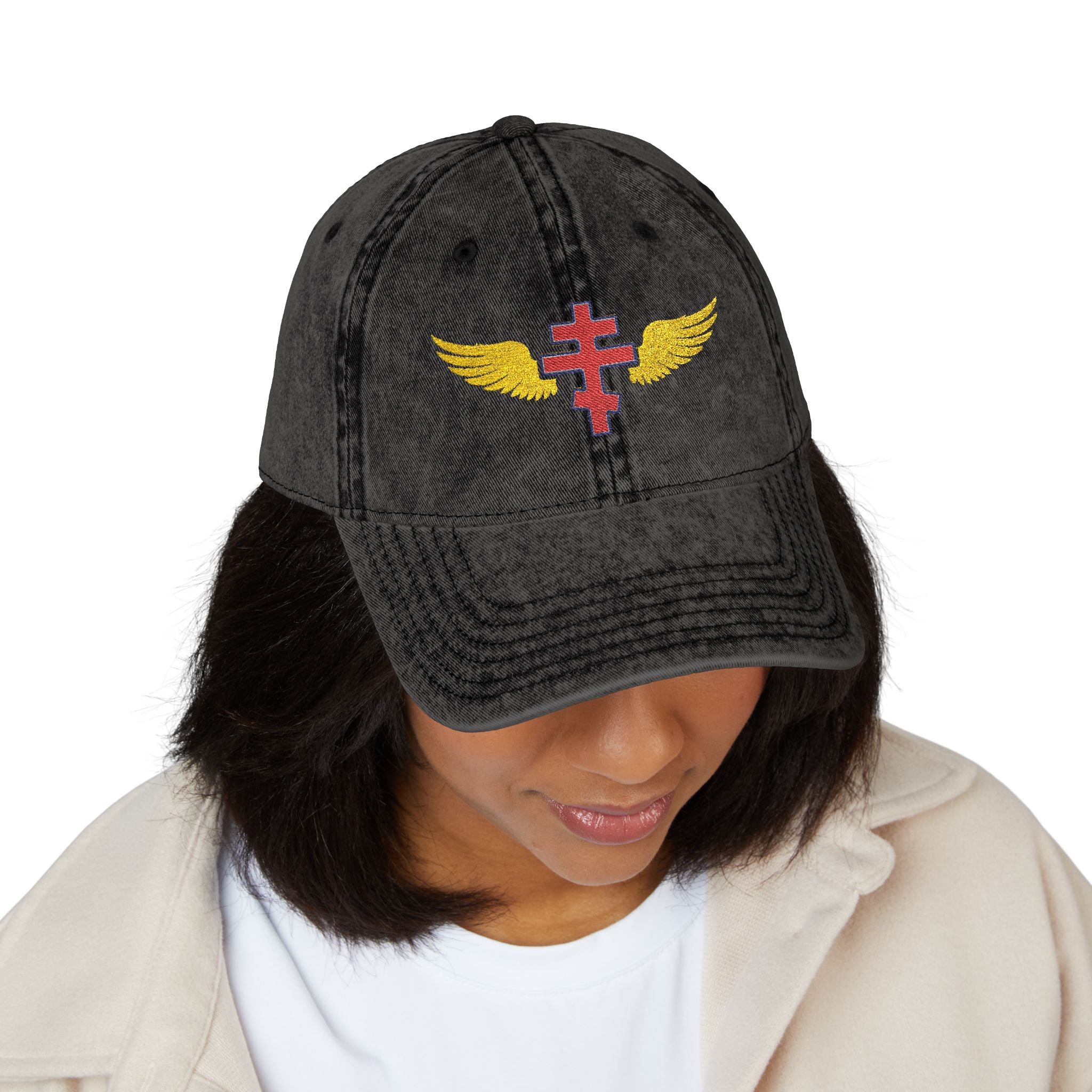 Montenegrin Orthodox cross with wings embroidered on vintage cotton twill cap -- additional view 6