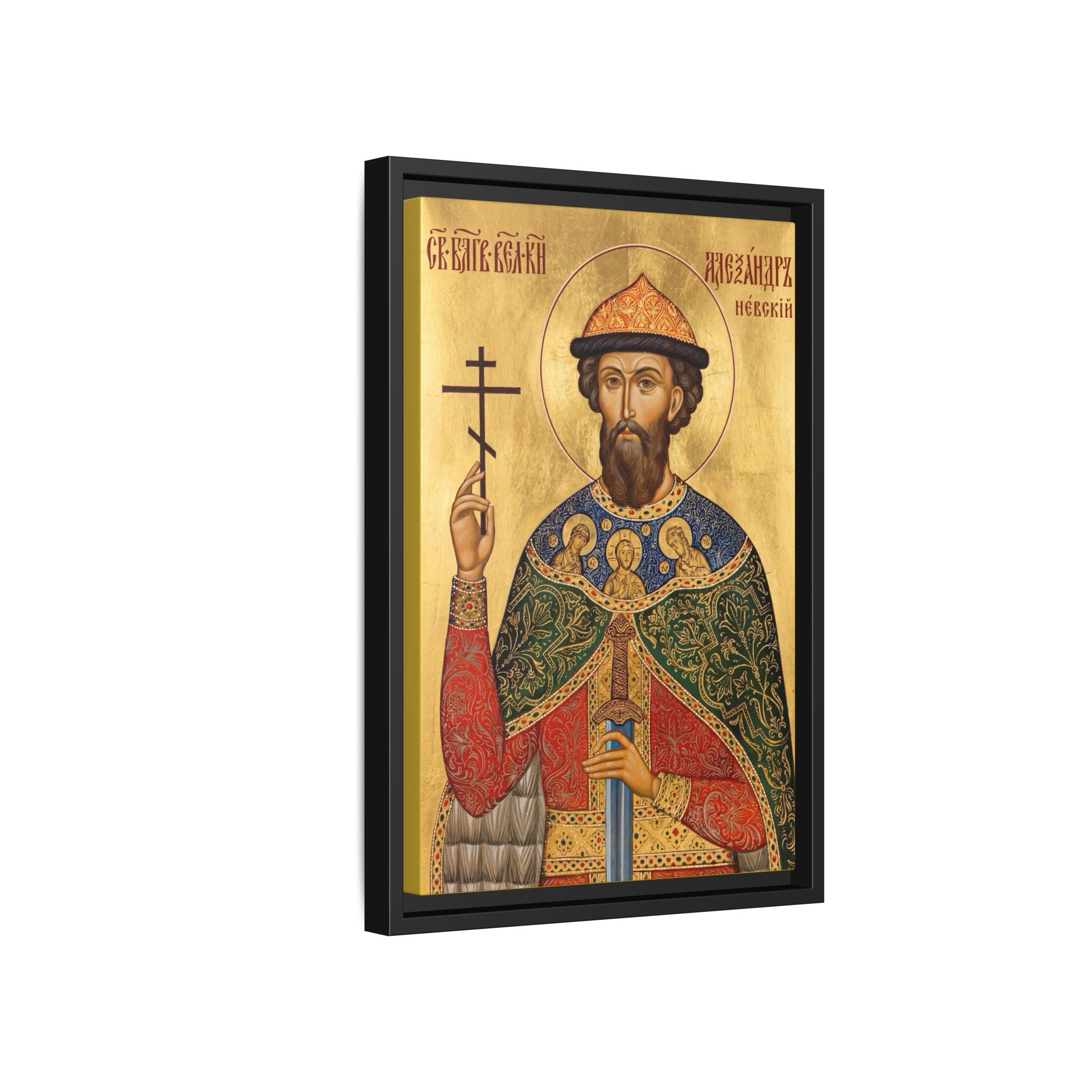 Framed canvas icon of Saint Alexander Nevsky, traditional Orthodox Christian artwork