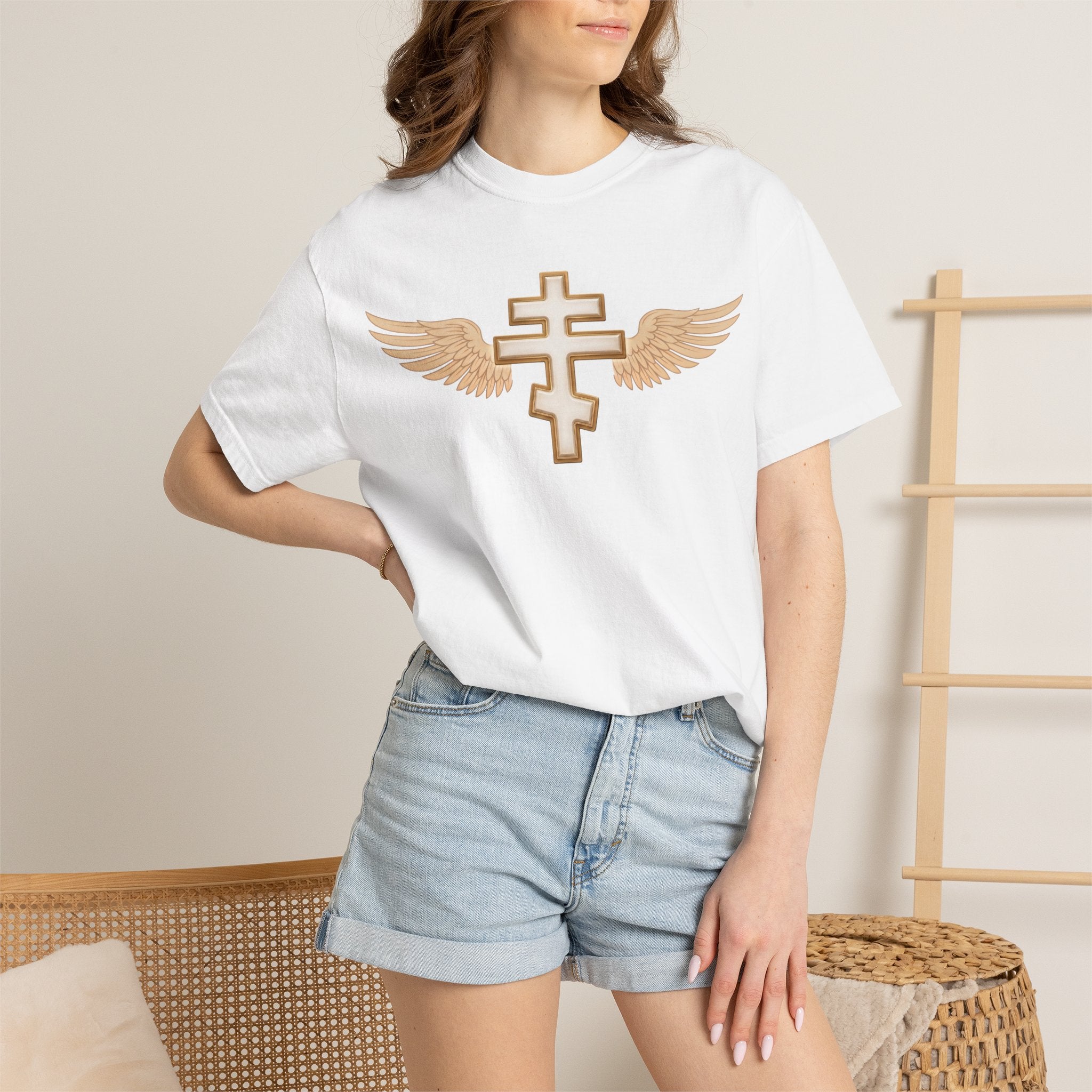 Classic white winged classic Orthodox cross design on a heavyweight garment-dyed t-shirt