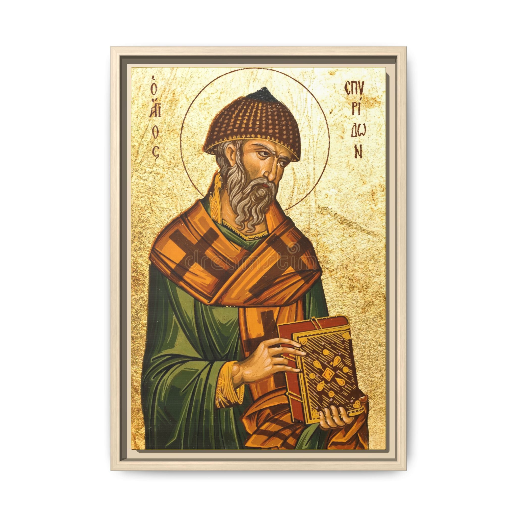 Framed canvas icon of Saint Spyridon of Trimythous, traditional Orthodox Christian artwork