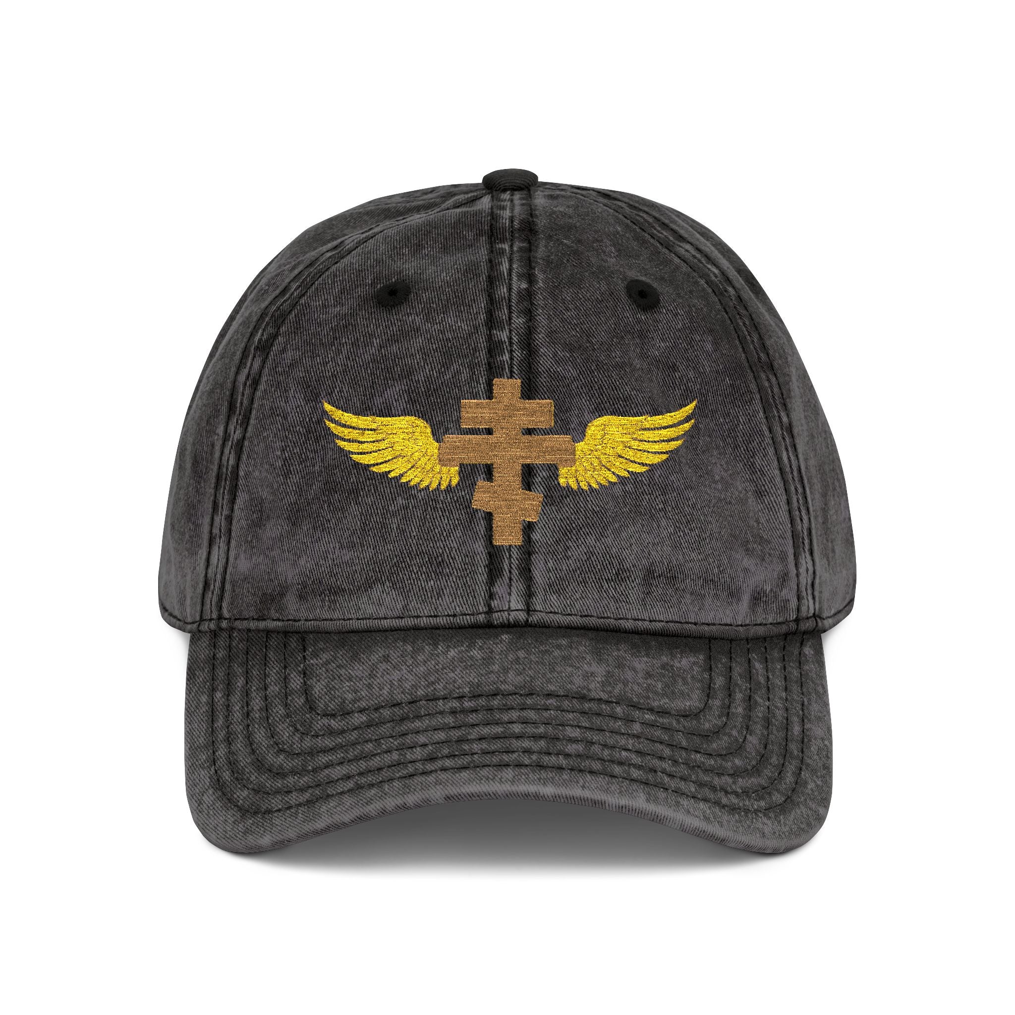 Gold Orthodox cross with wings embroidered on vintage cotton twill cap