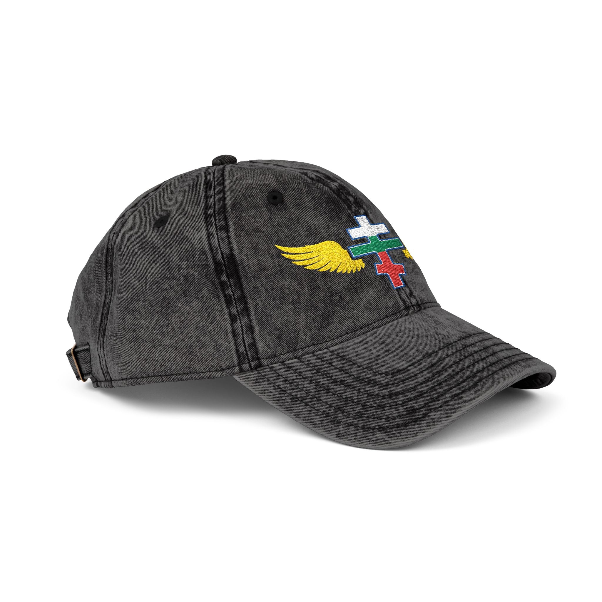 Bulgarian Orthodox cross with wings embroidered on vintage cotton twill cap -- additional view 5