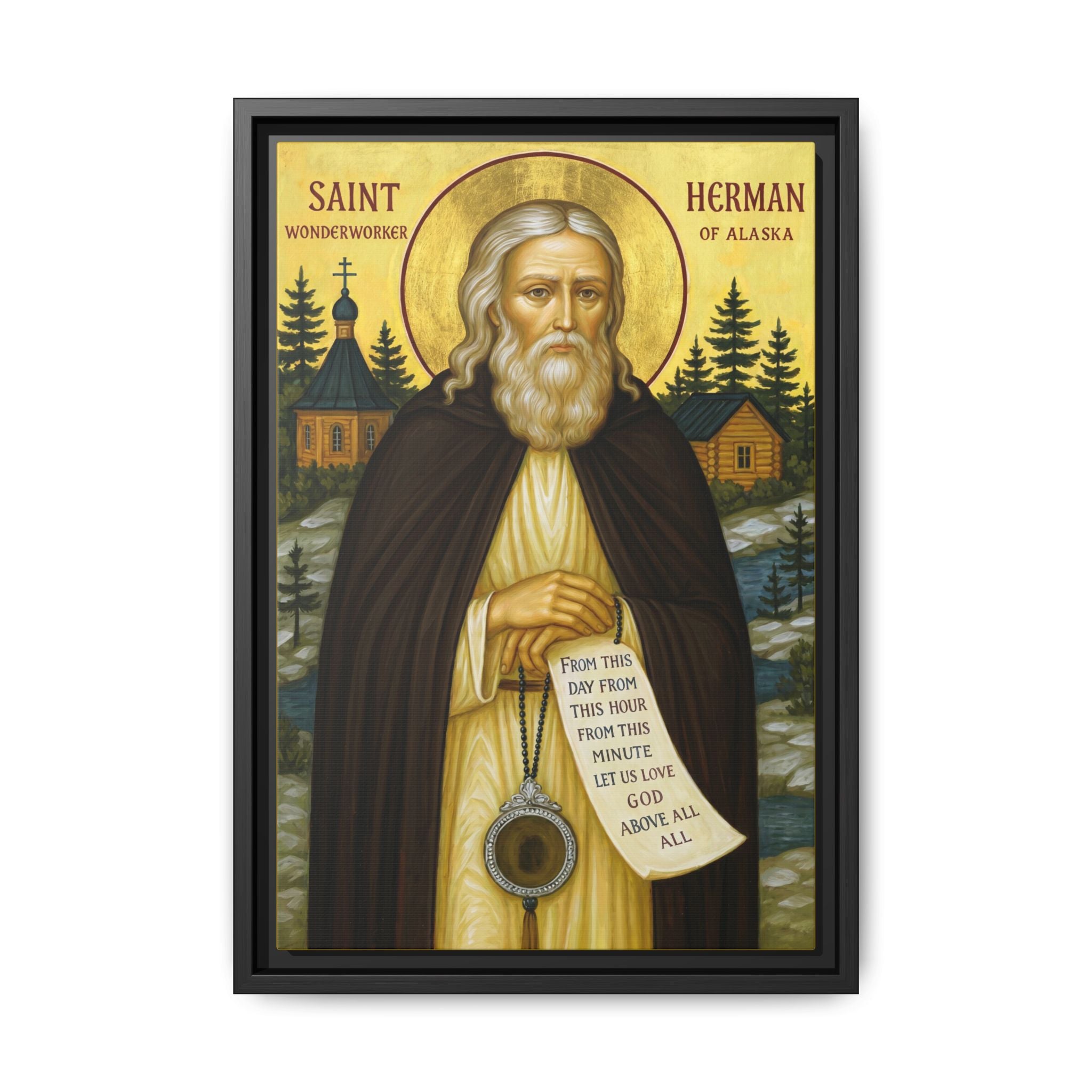 Framed canvas icon of Saint Herman of Alaska, traditional Orthodox Christian artwork