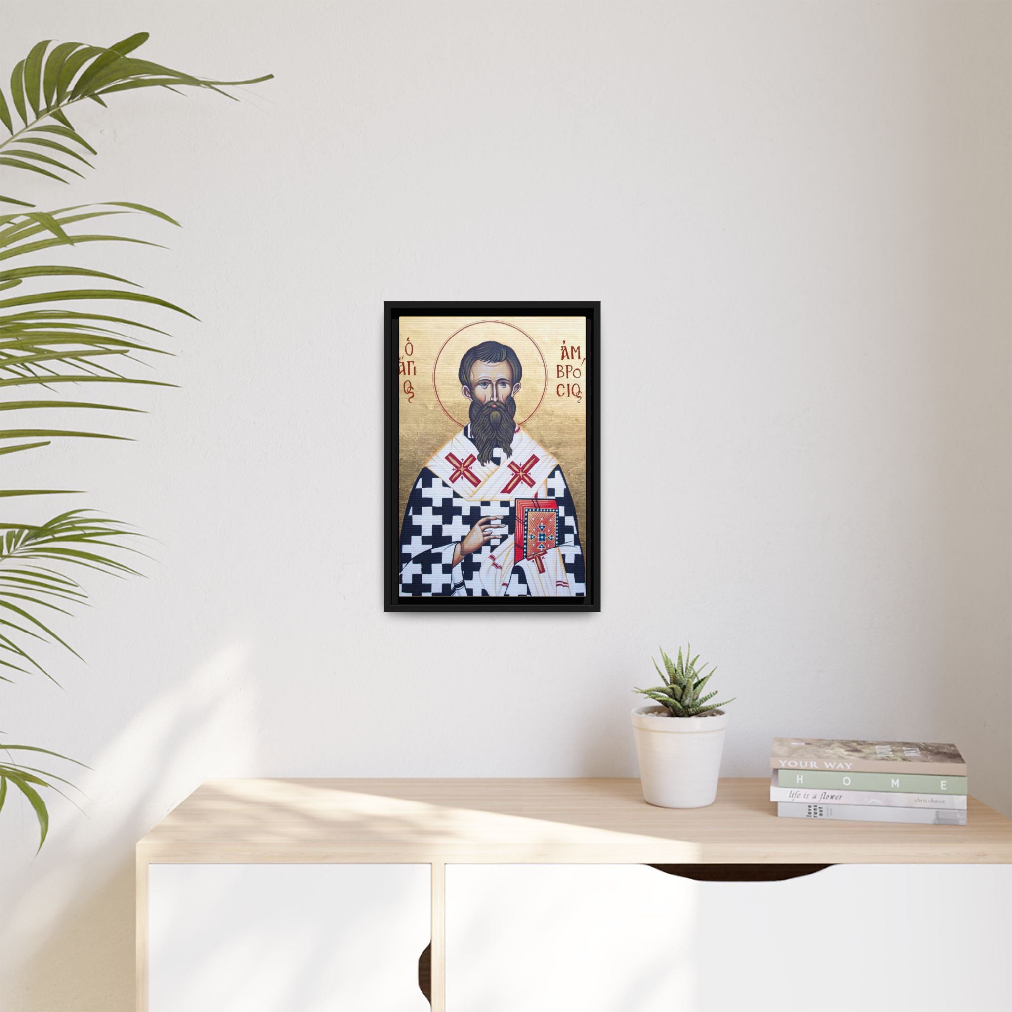 Framed canvas icon of Saint Ambrose of Milan, traditional Orthodox Christian artwork
