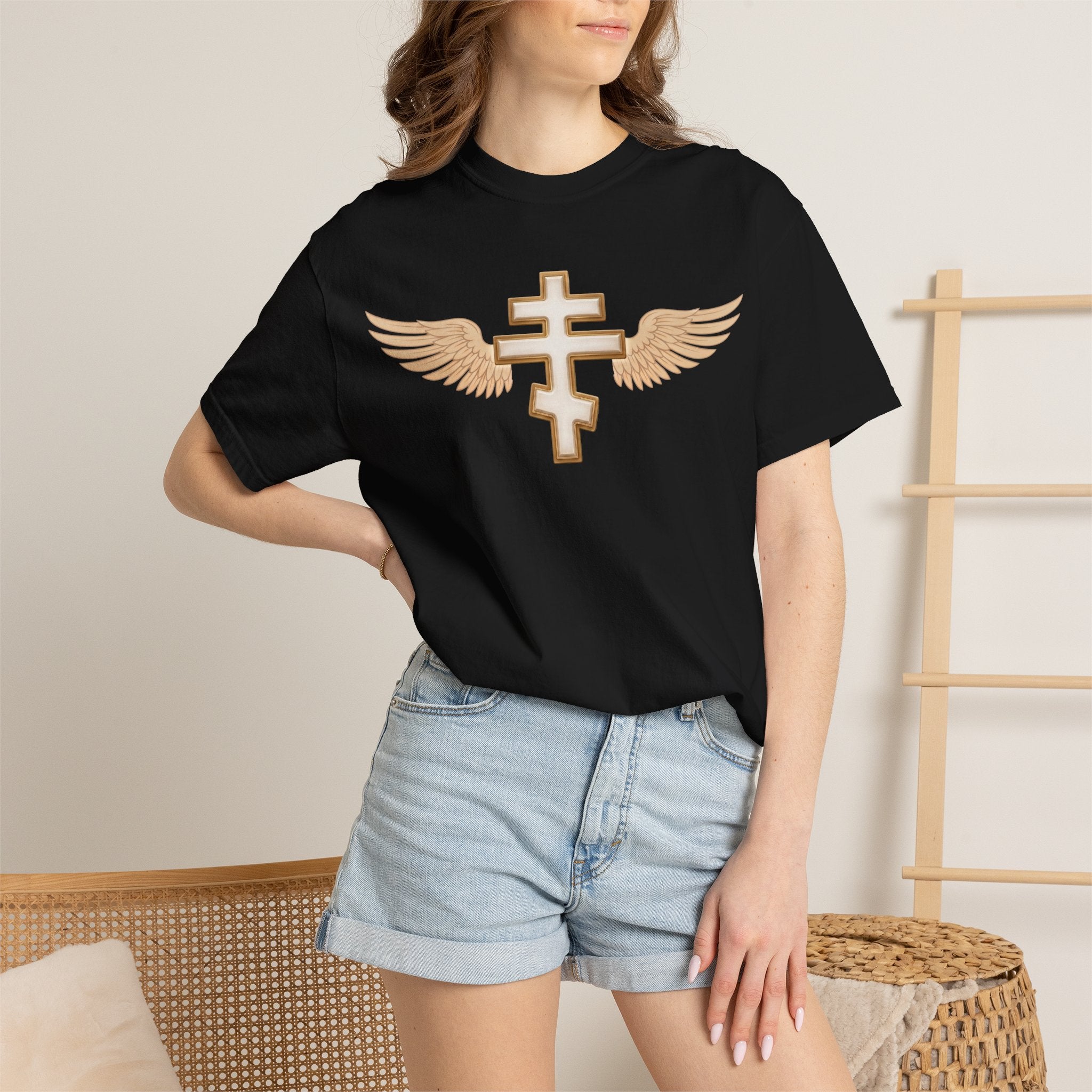 Classic white winged classic Orthodox cross design on a heavyweight garment-dyed t-shirt