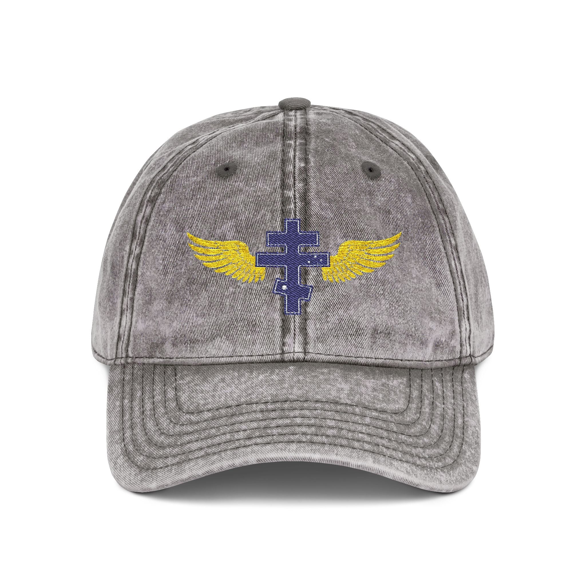 Australian Orthodox cross with wings embroidered on vintage cotton twill cap -- additional view 2