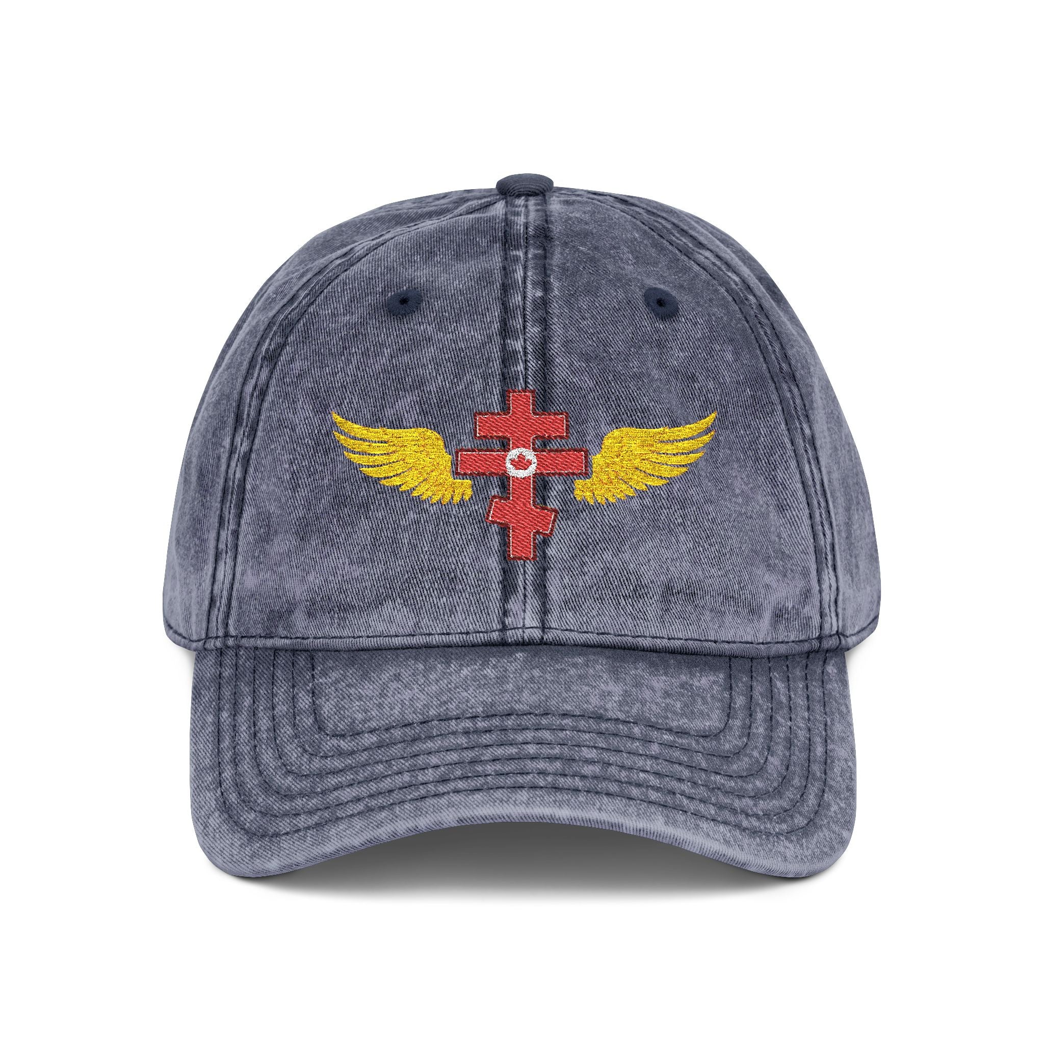 Canadian Orthodox cross with wings embroidered on vintage cotton twill cap -- additional view 3