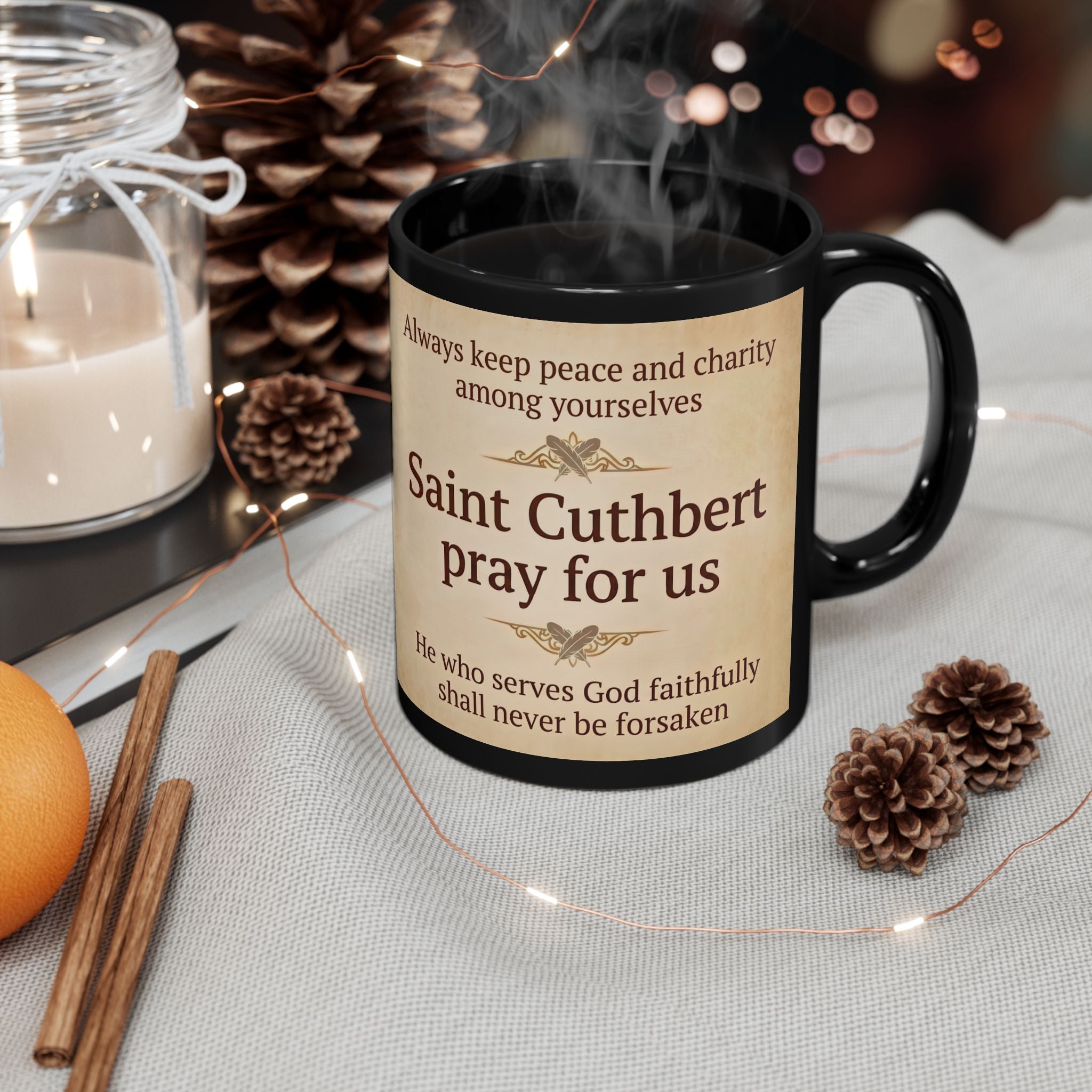 Saint Cuthbert of Lindisfarne Black Coffee Mug