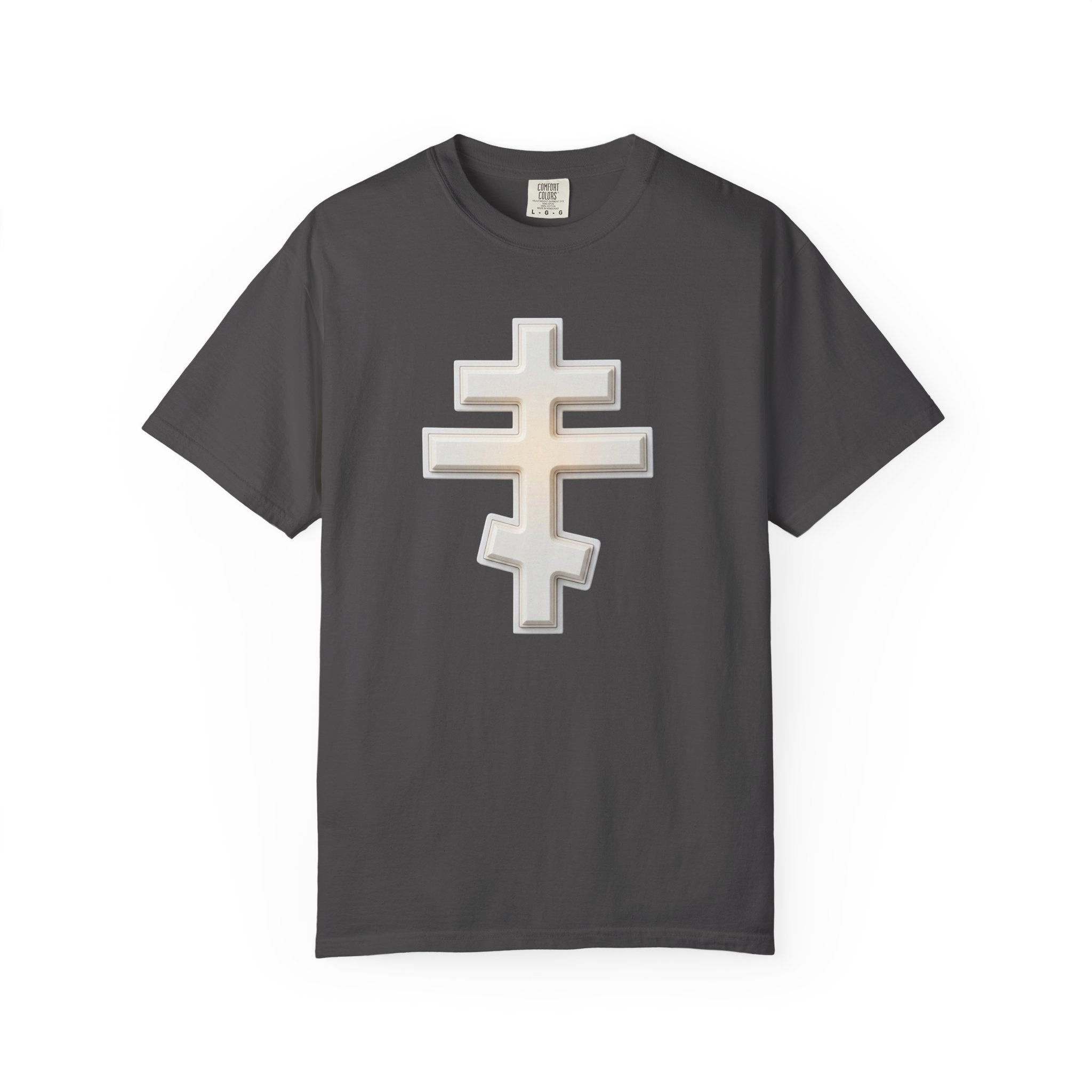 Classic white classic Orthodox cross design on a heavyweight garment-dyed t-shirt