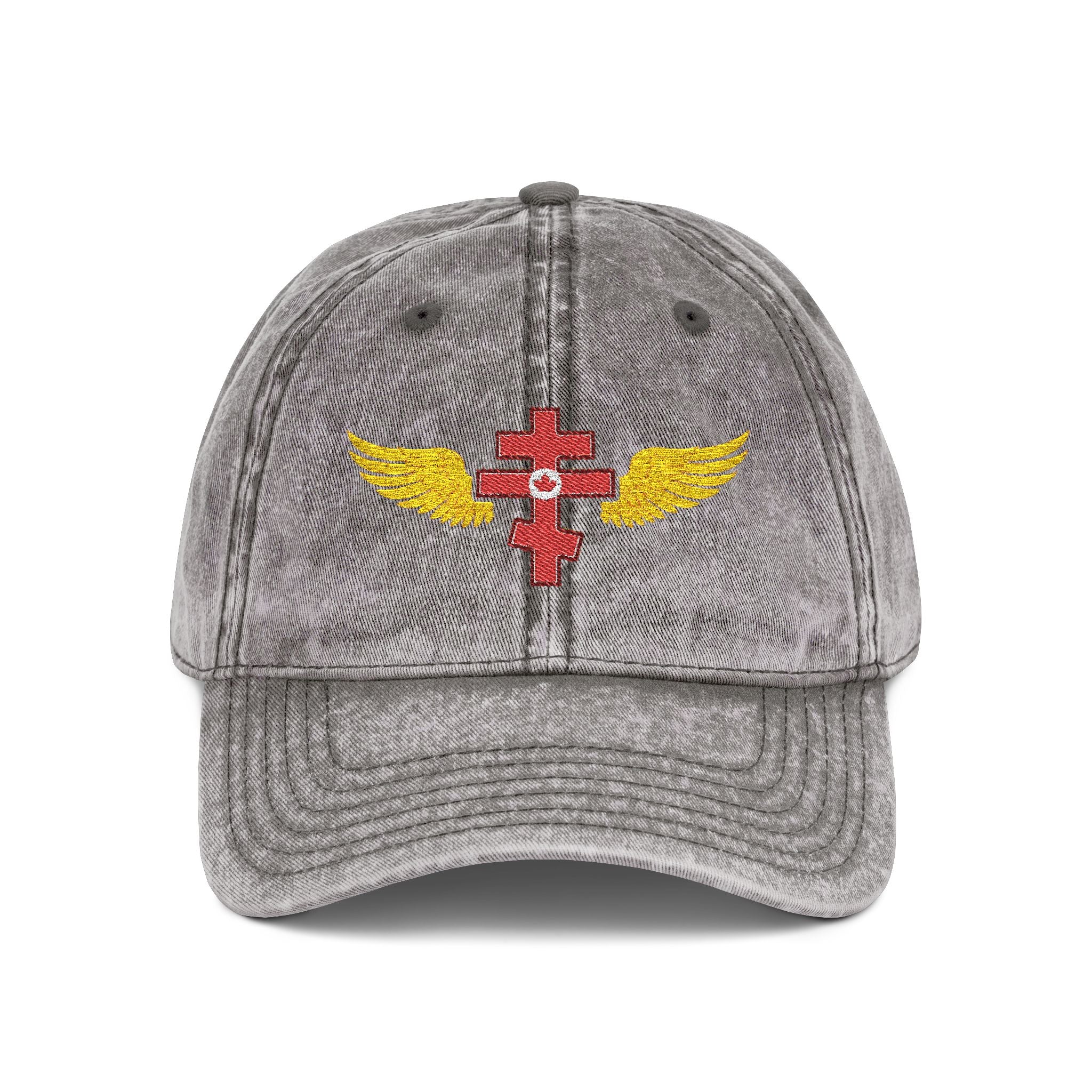 Canadian Orthodox cross with wings embroidered on vintage cotton twill cap -- additional view 2
