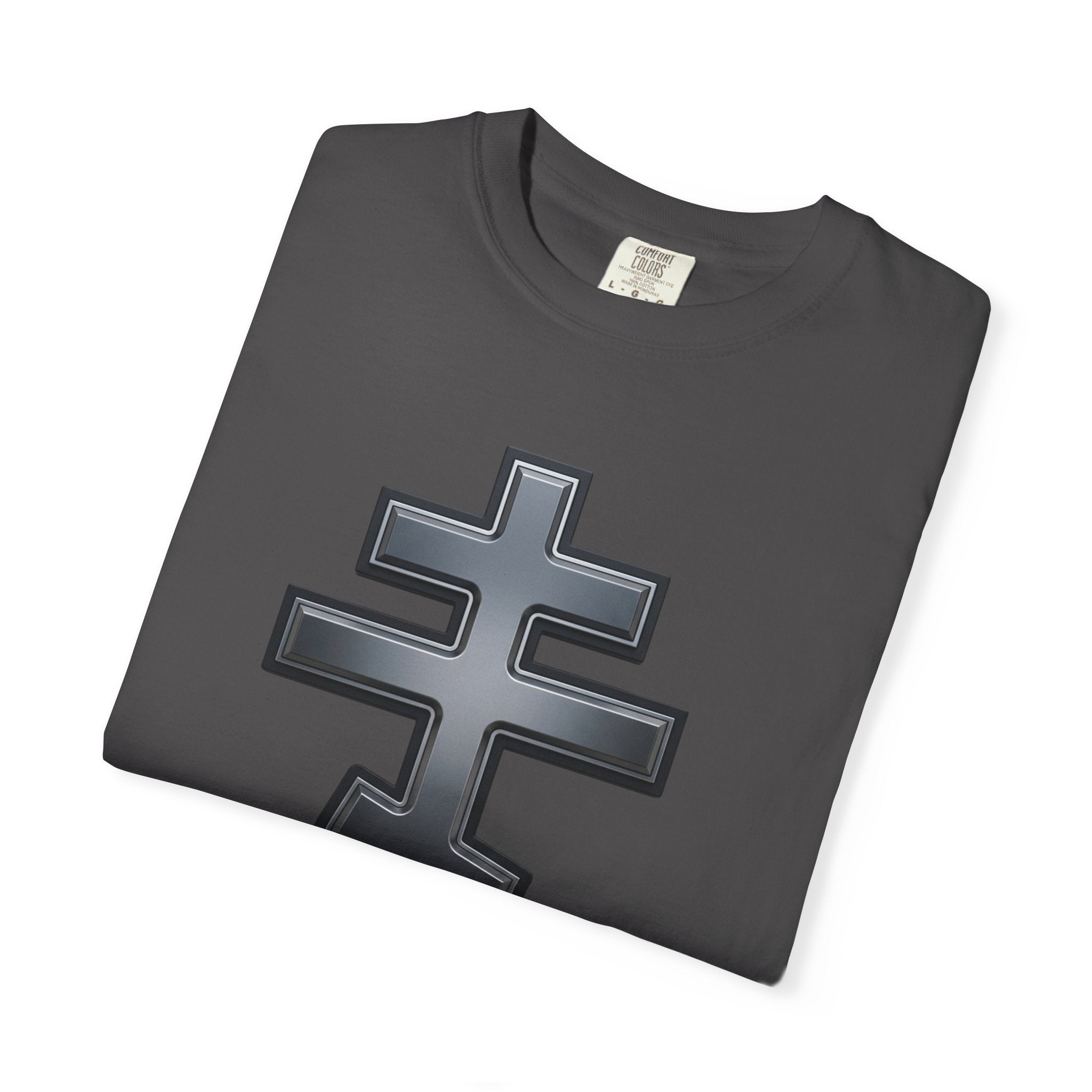 Classic black classic Orthodox cross design on a heavyweight garment-dyed t-shirt