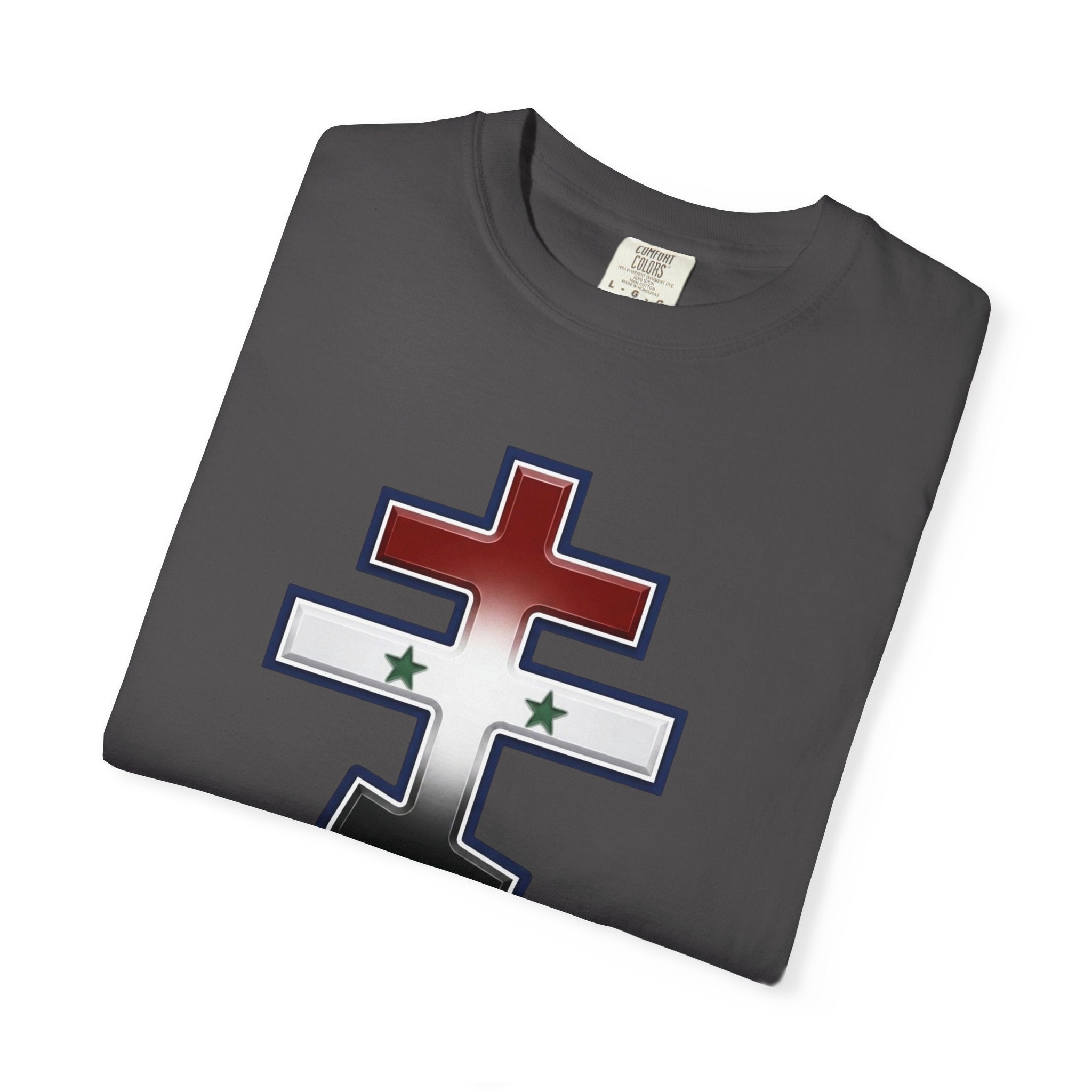 Syrian Orthodox Cross design on a heavyweight garment-dyed t-shirt