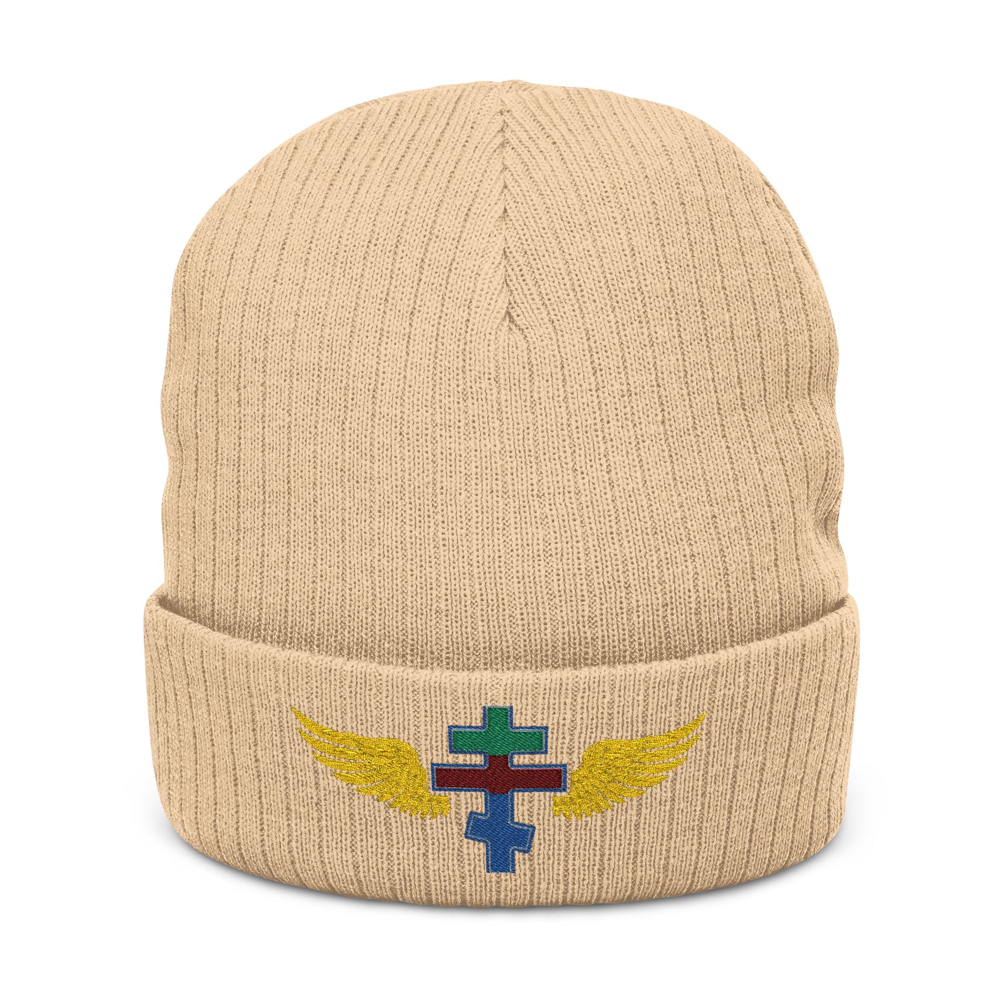 Eritrean Orthodox cross with wings embroidered on ribbed knit beanie -- additional view 2