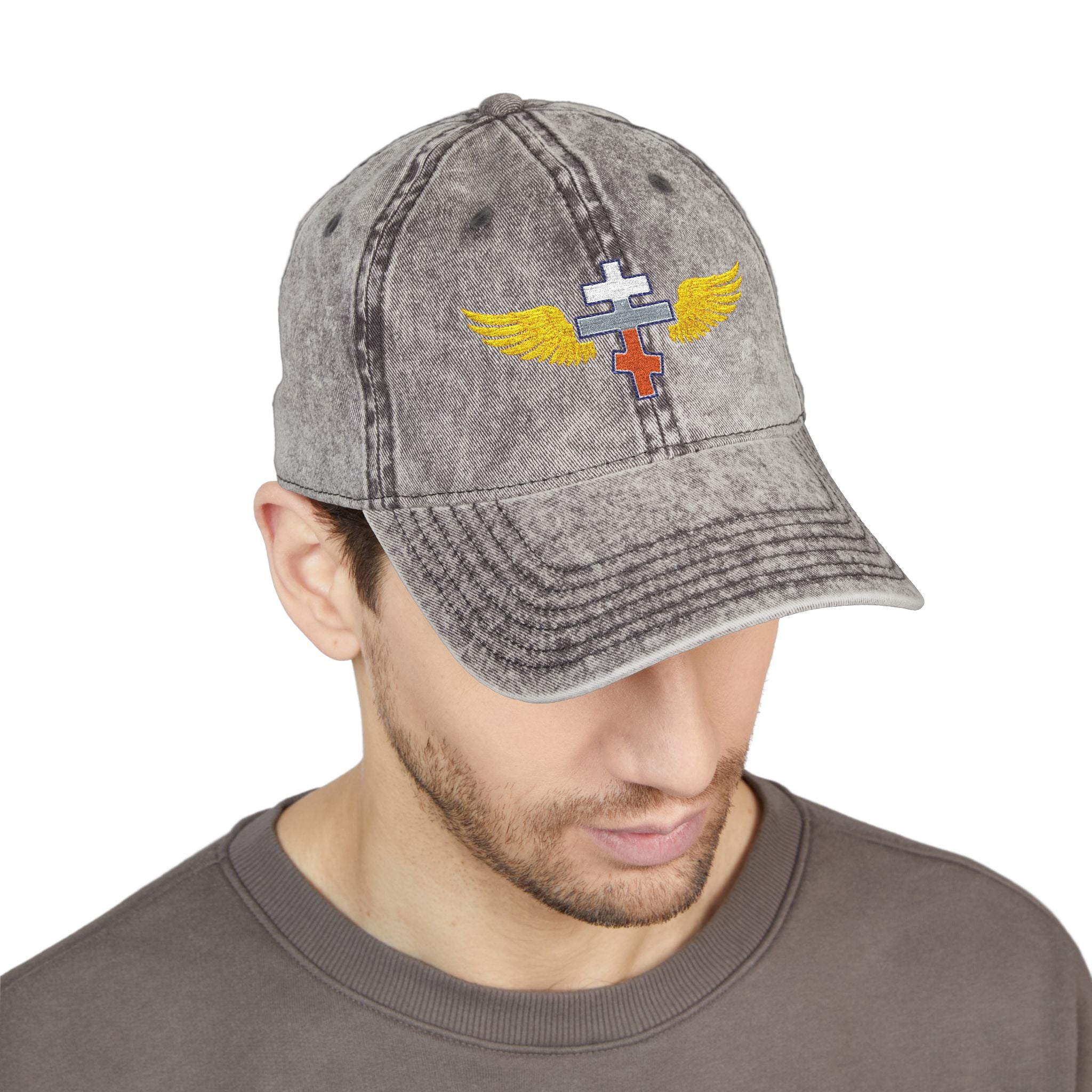 Slovak Orthodox cross with wings embroidered on vintage cotton twill cap -- additional view 10