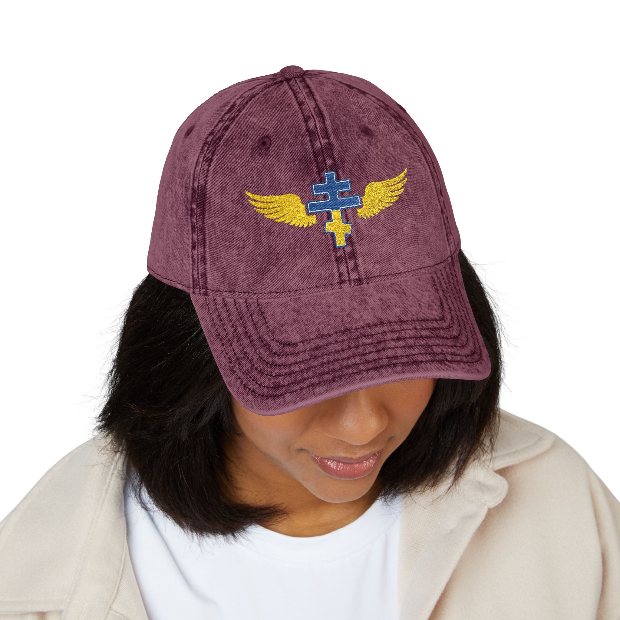 Ukrainian Orthodox cross with wings embroidered on vintage cotton twill cap -- additional view 16