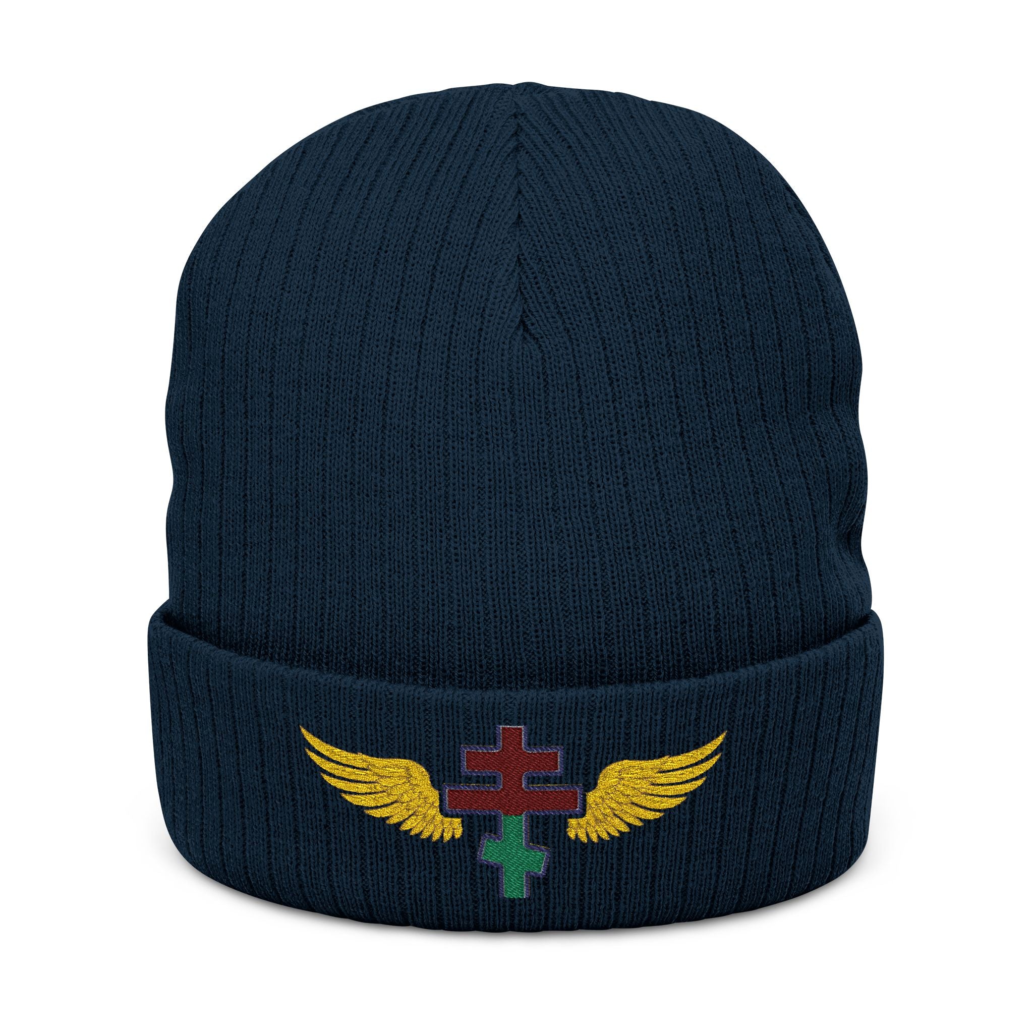 Belarusian Orthodox cross with wings embroidered on ribbed knit beanie -- additional view 3