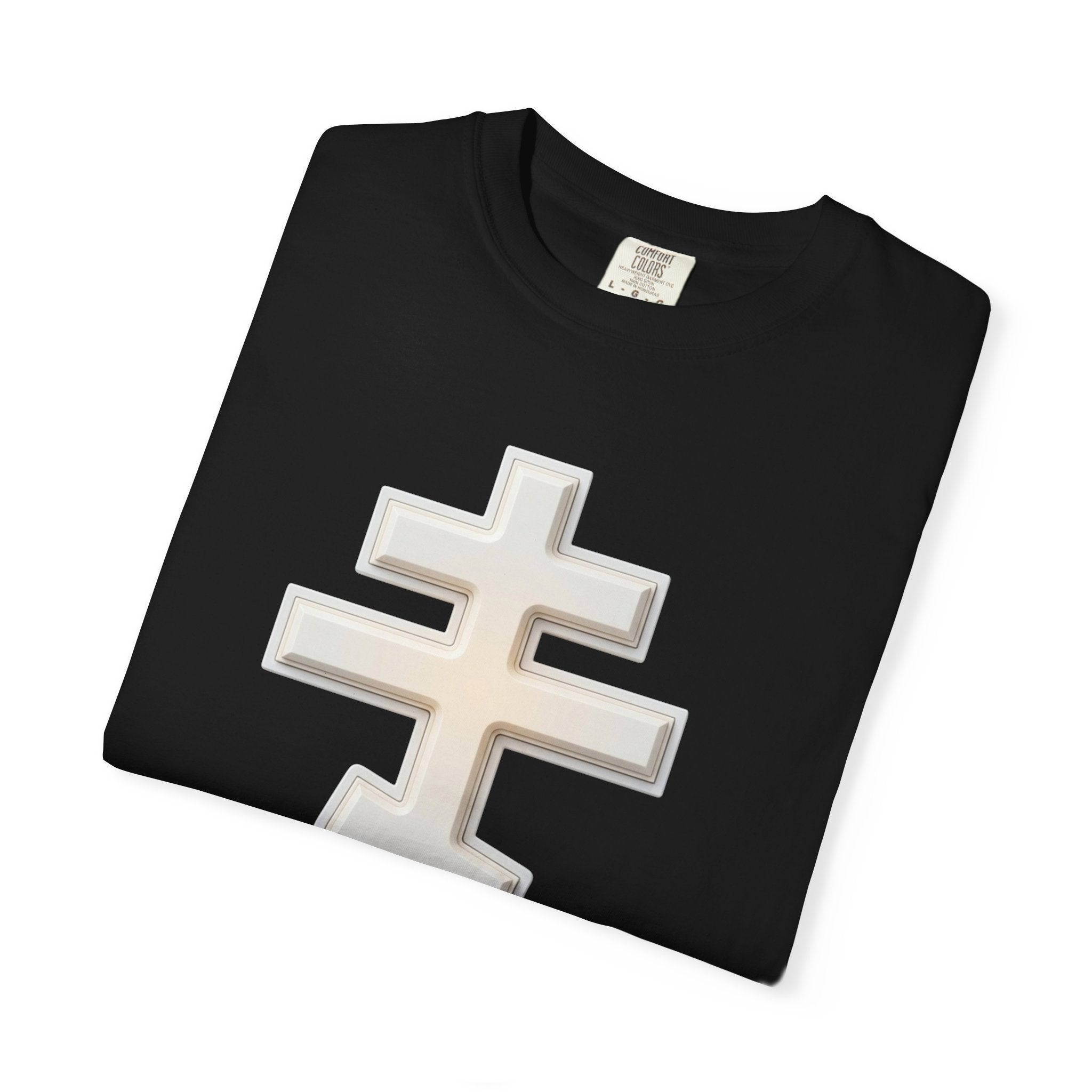 Classic white classic Orthodox cross design on a heavyweight garment-dyed t-shirt