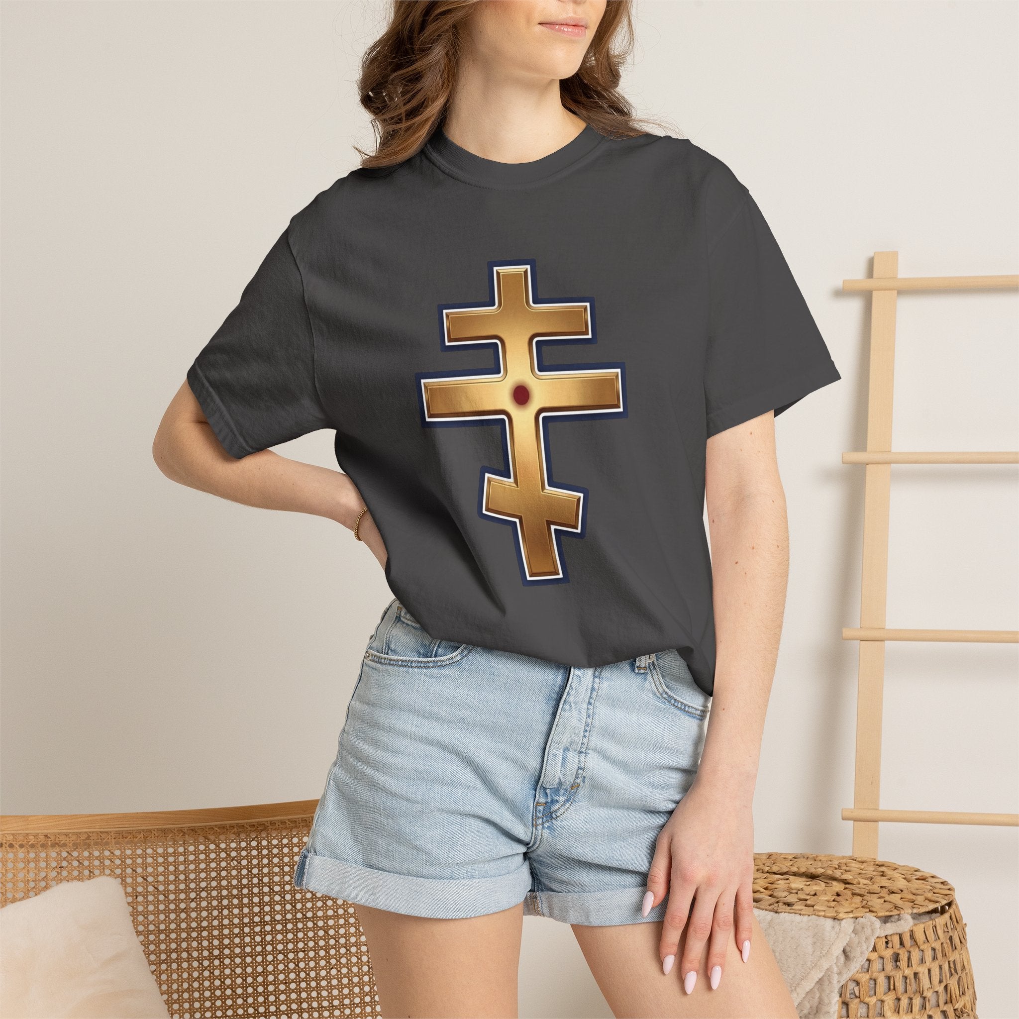 Jerusalem Orthodox Cross design on a heavyweight garment-dyed t-shirt