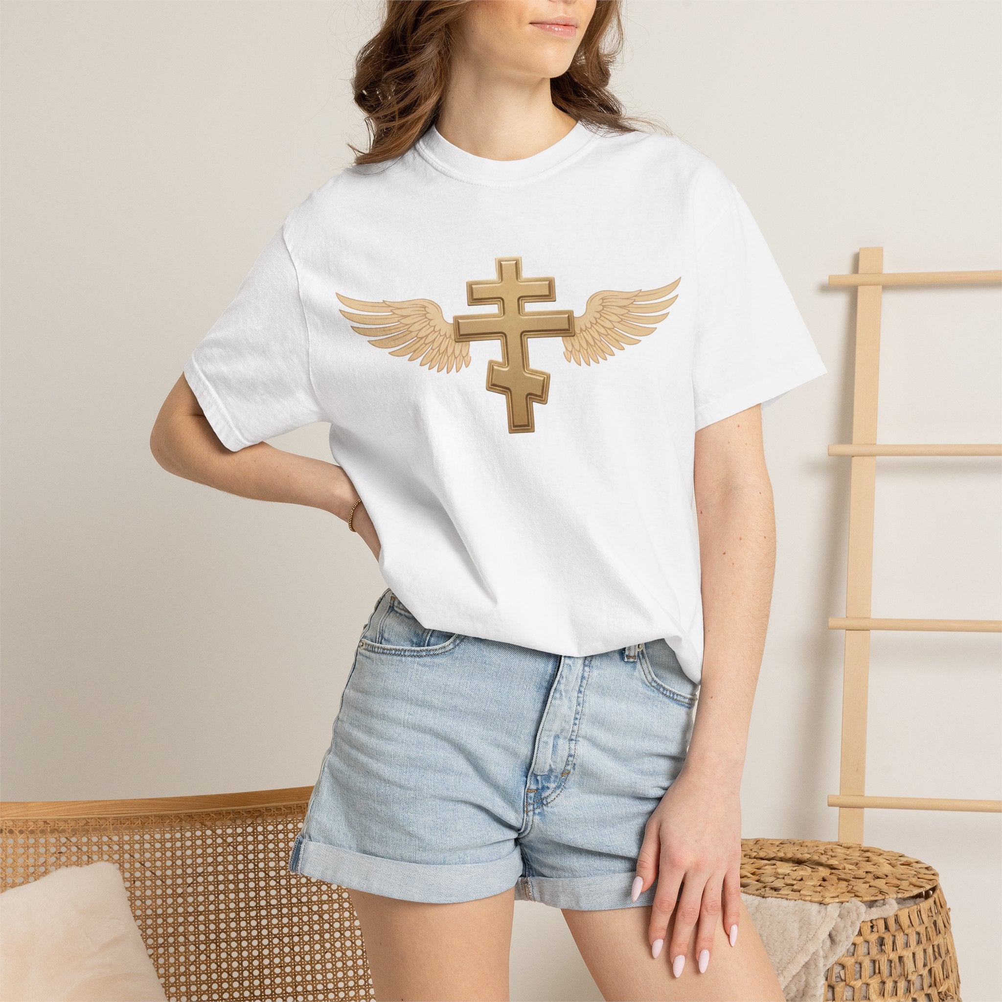 Classic gold winged classic Orthodox cross design on a heavyweight garment-dyed t-shirt