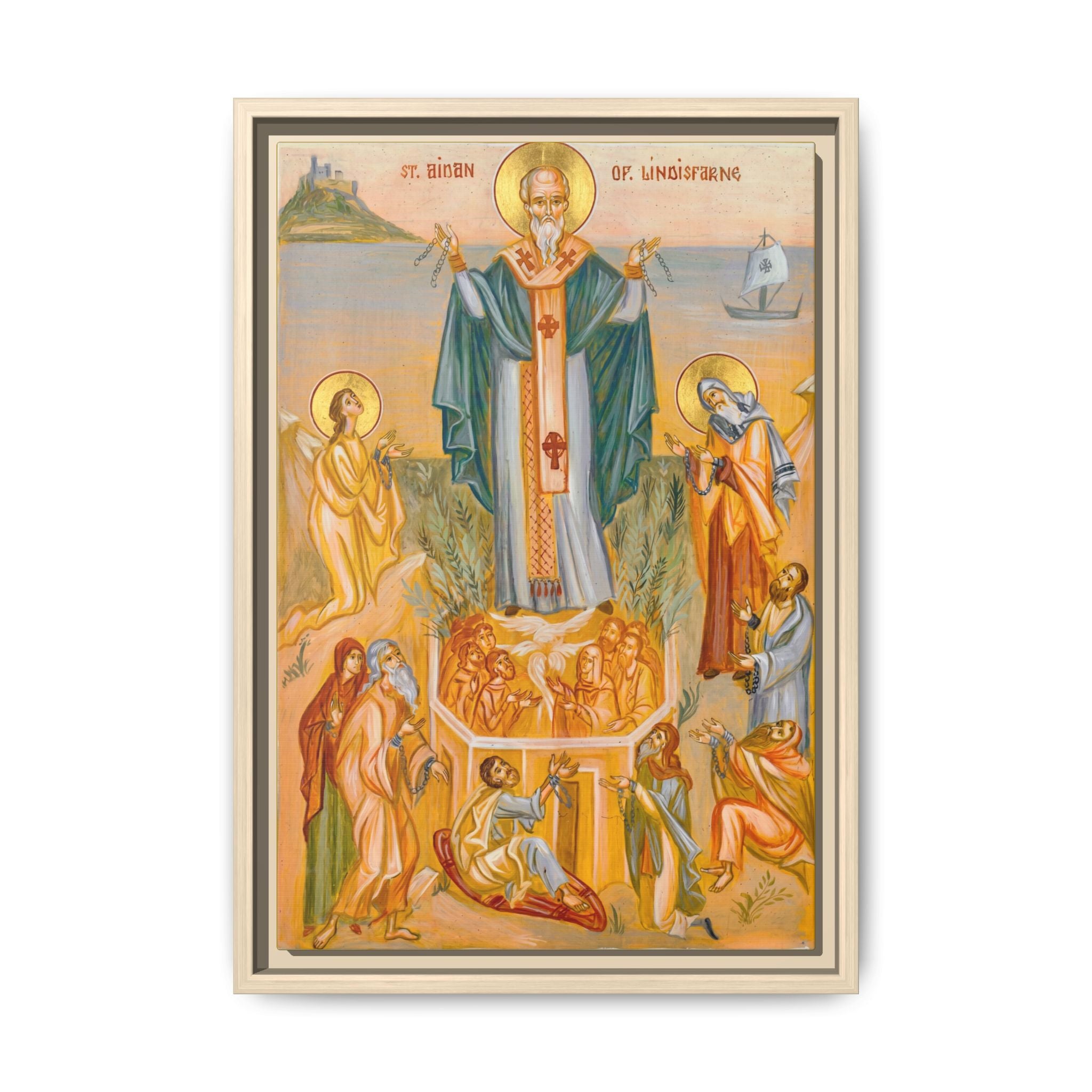 Framed canvas icon of Saint Aidan of Lindisfarne, traditional Orthodox Christian artwork