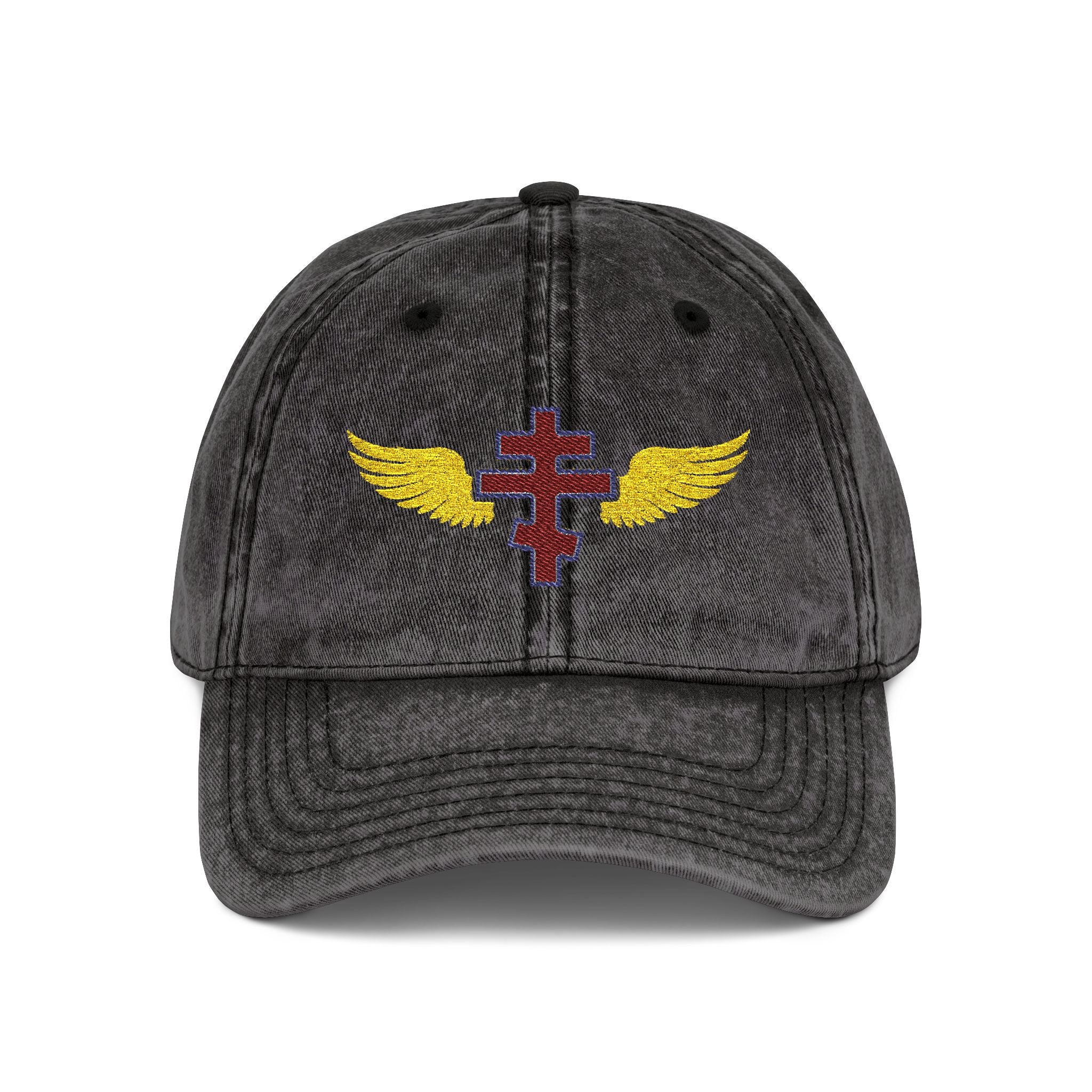 Albanian Orthodox cross with wings embroidered on vintage cotton twill cap