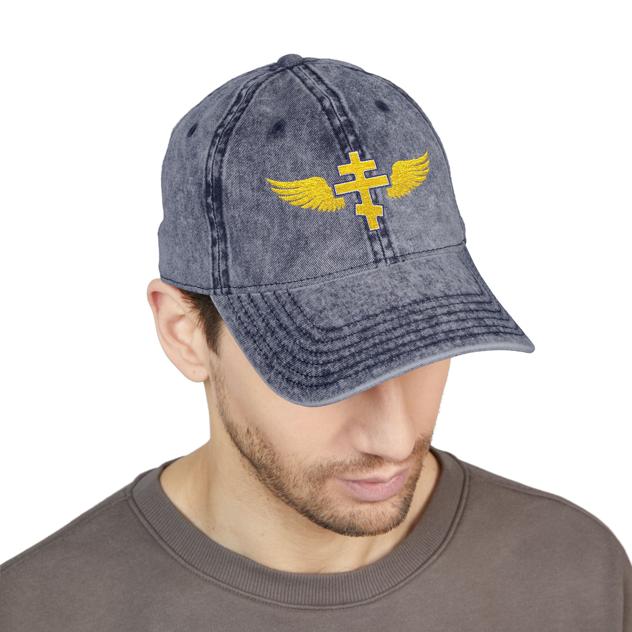 Cypriot Orthodox cross with wings embroidered on vintage cotton twill cap -- additional view 13