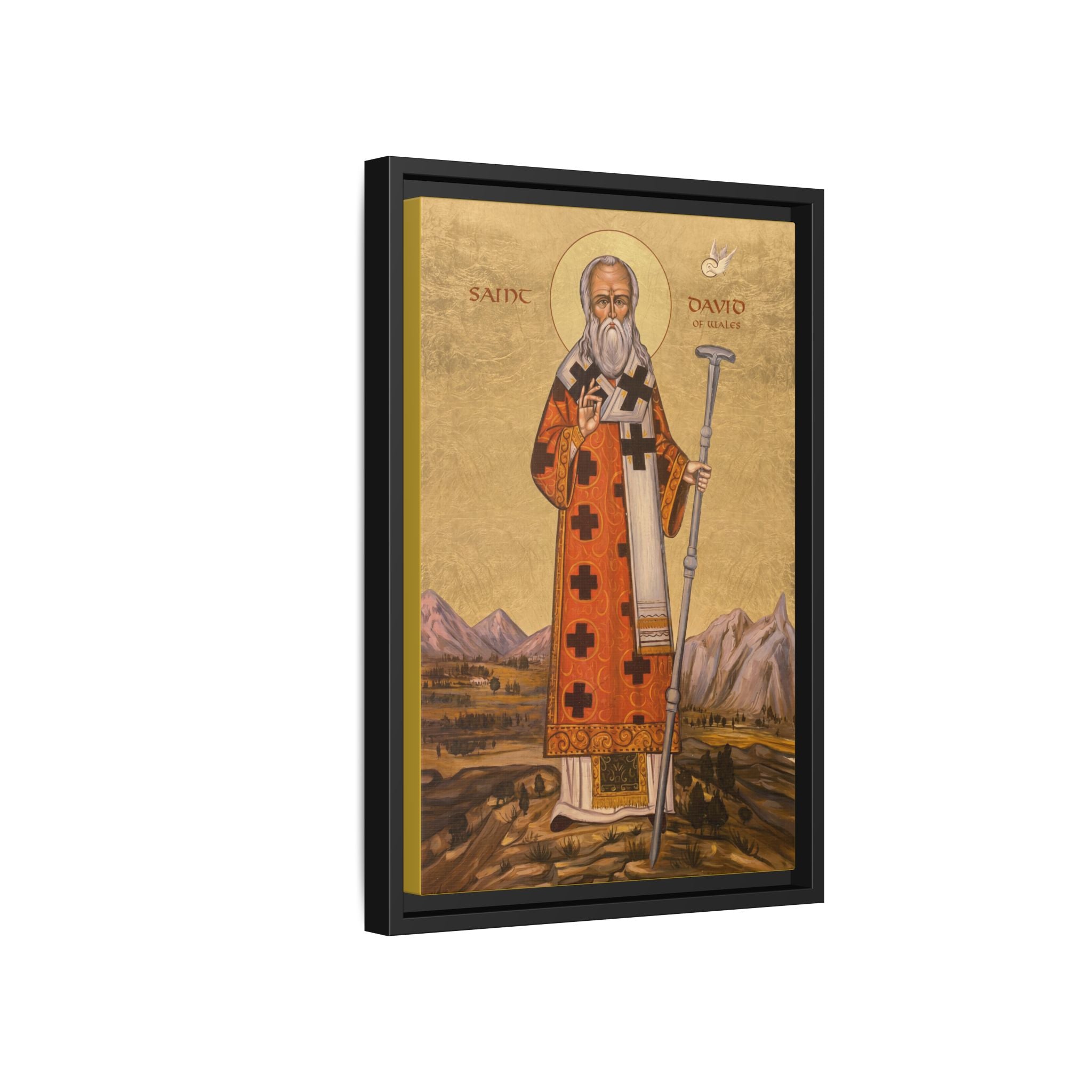 Framed canvas icon of Saint David of Wales, traditional Orthodox Christian artwork