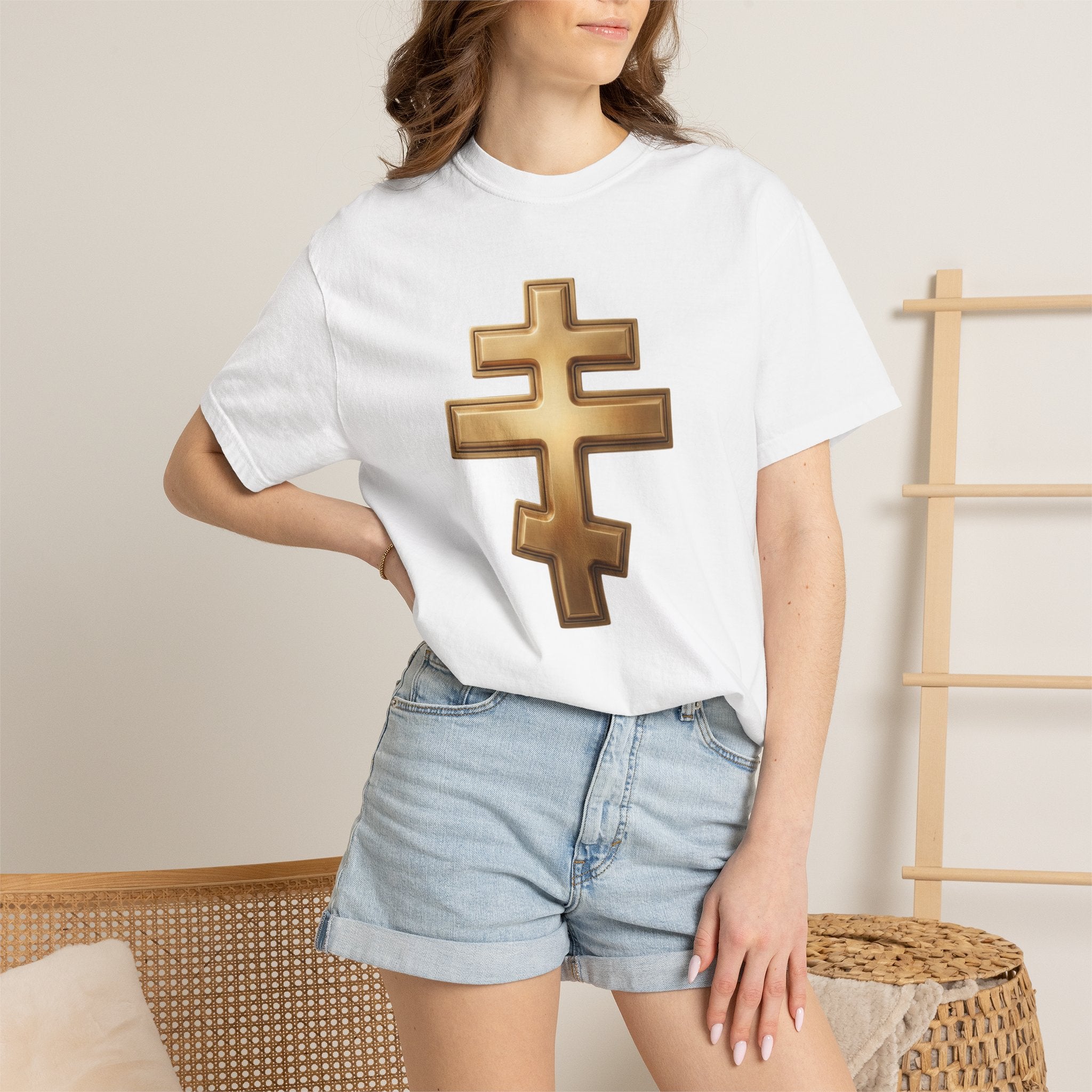 Classic gold classic Orthodox cross design on a heavyweight garment-dyed t-shirt