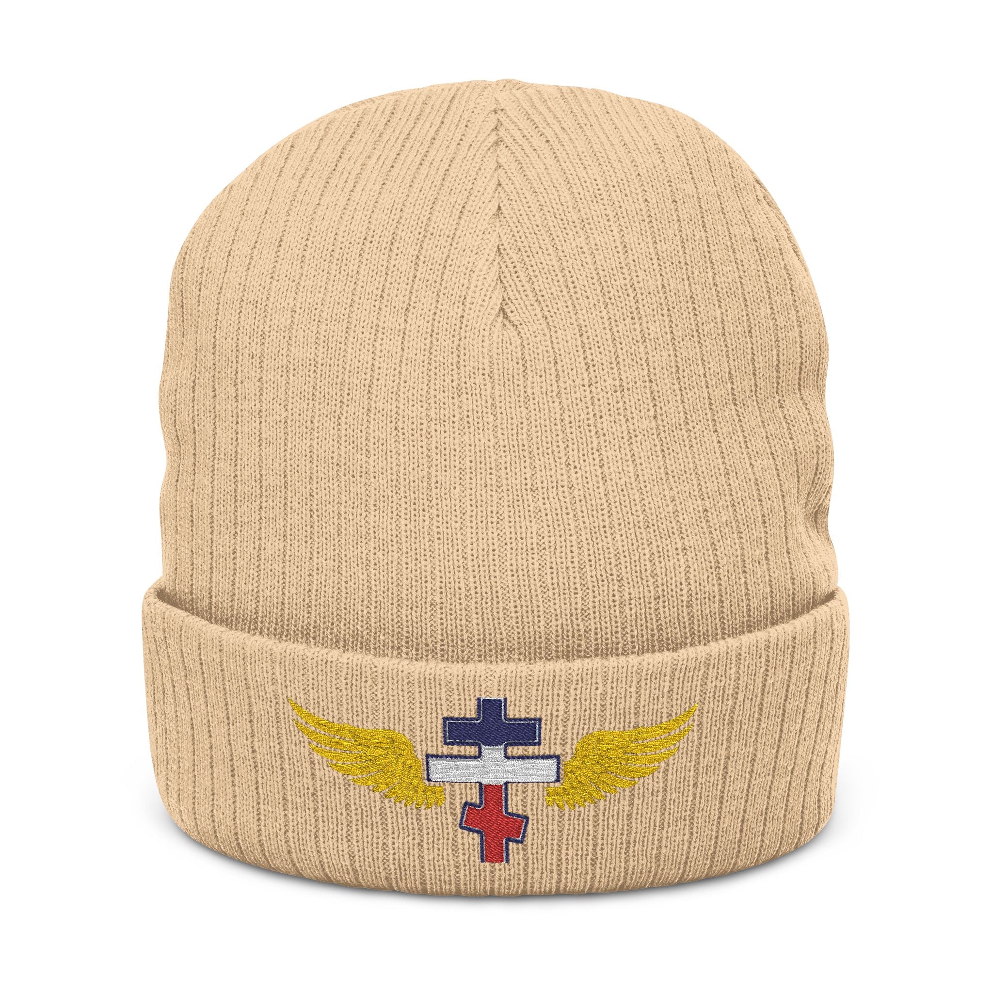 French Orthodox cross with wings embroidered on ribbed knit beanie -- additional view 2