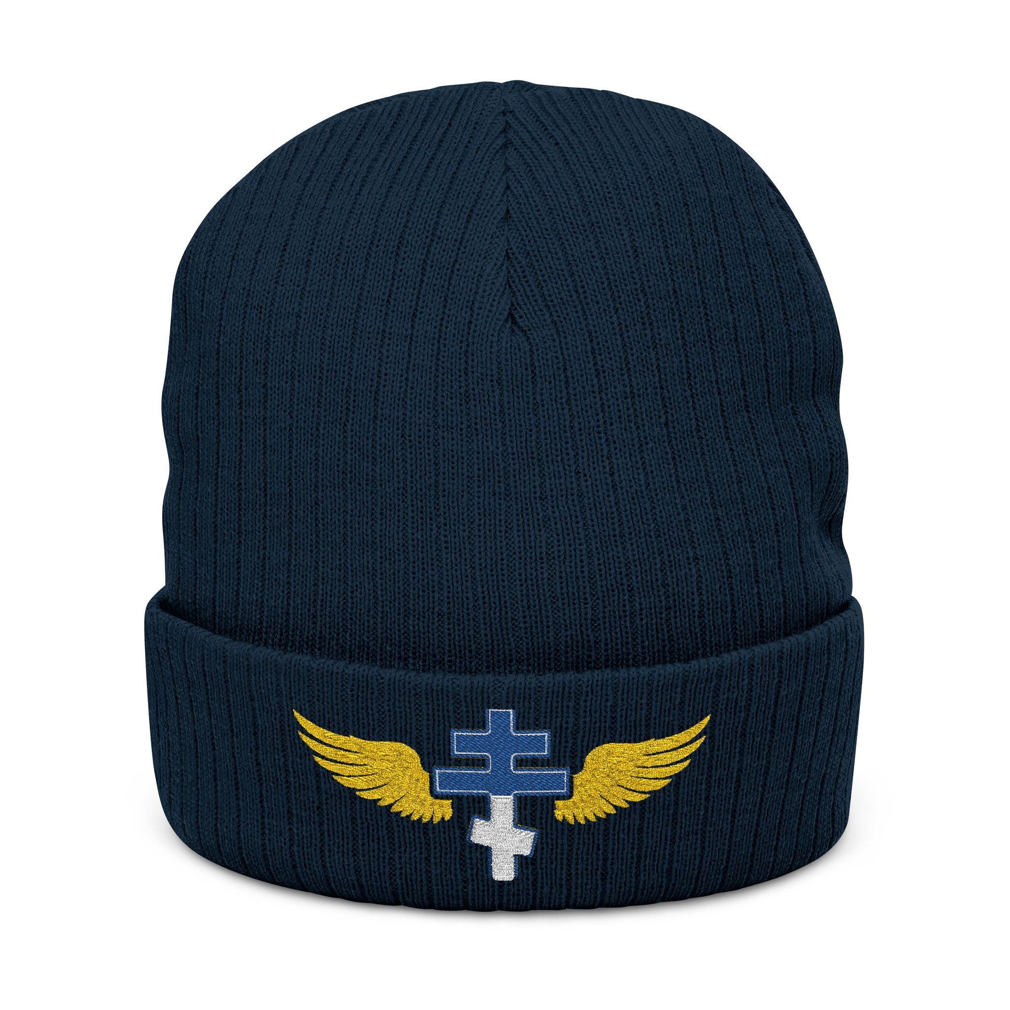 Greek Orthodox cross with wings embroidered on ribbed knit beanie -- additional view 3