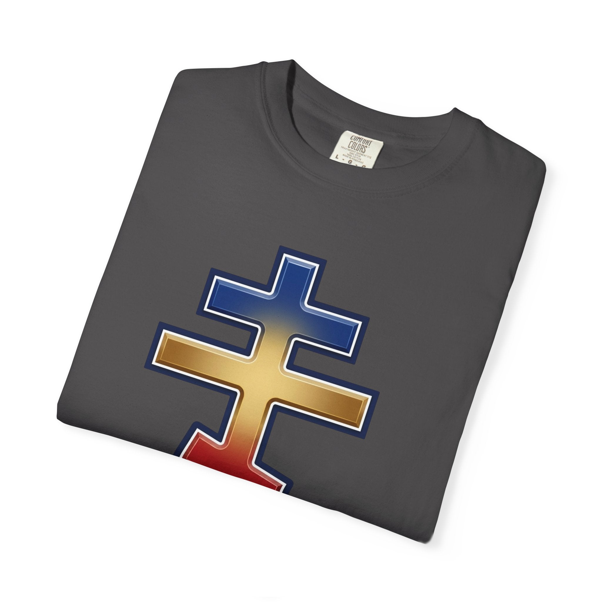 Romanian Orthodox Cross design on a heavyweight garment-dyed t-shirt