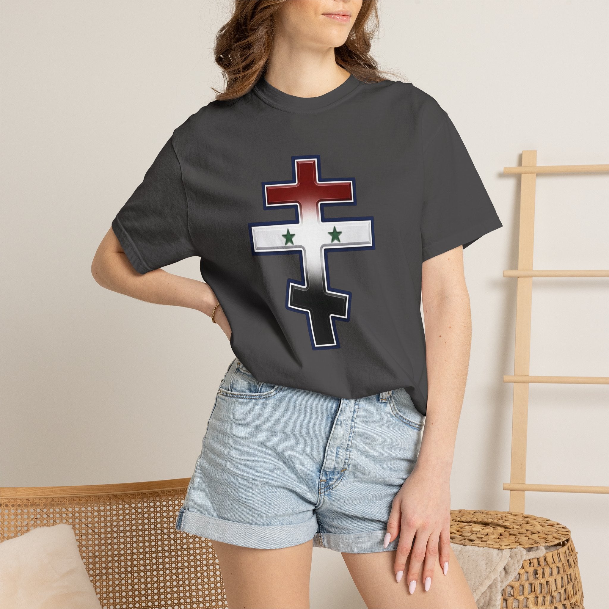 Syrian Orthodox Cross design on a heavyweight garment-dyed t-shirt