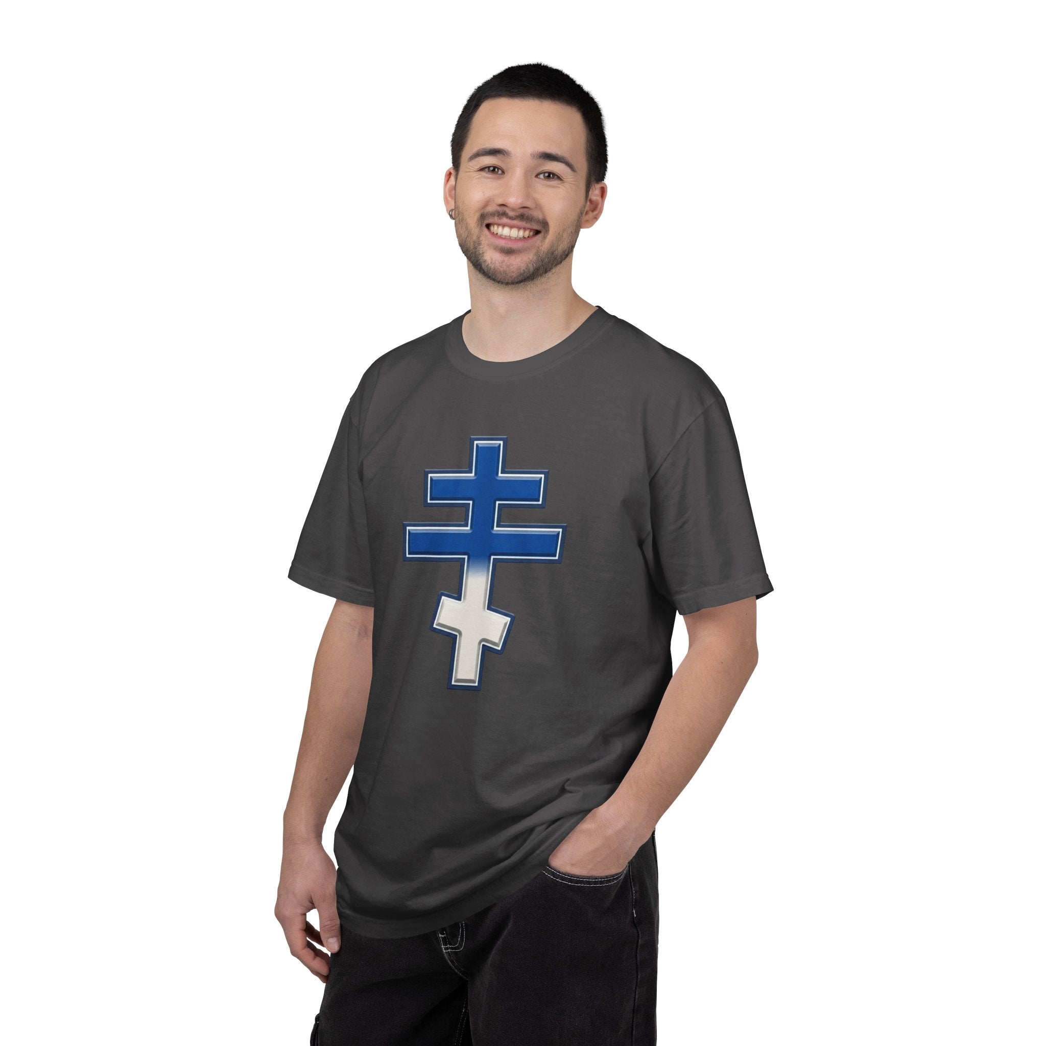 Greek Orthodox Cross design on a heavyweight garment-dyed t-shirt