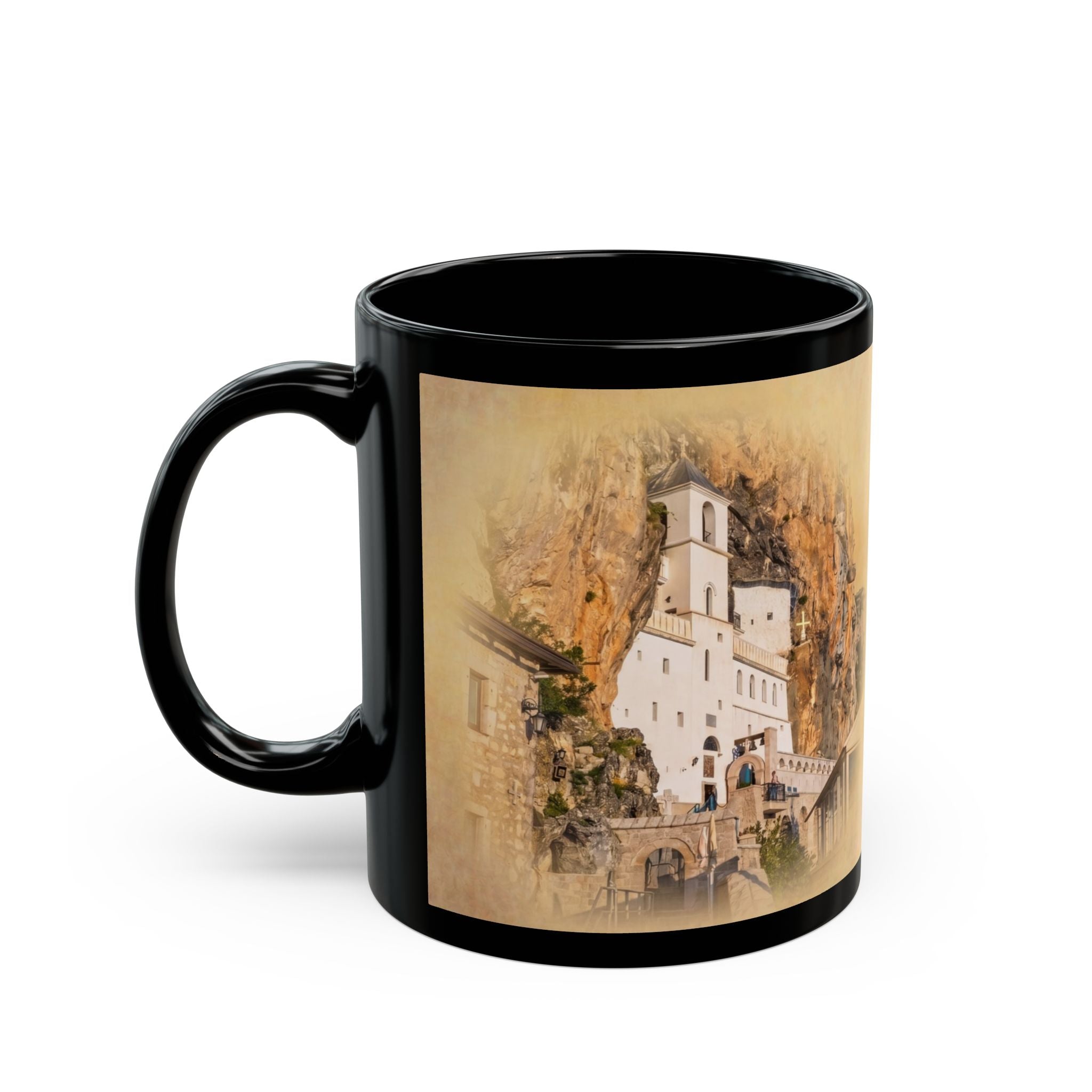 Ostrog Monastery Orthodox Christian Black Coffee Mug — Orthodox Christian Gift