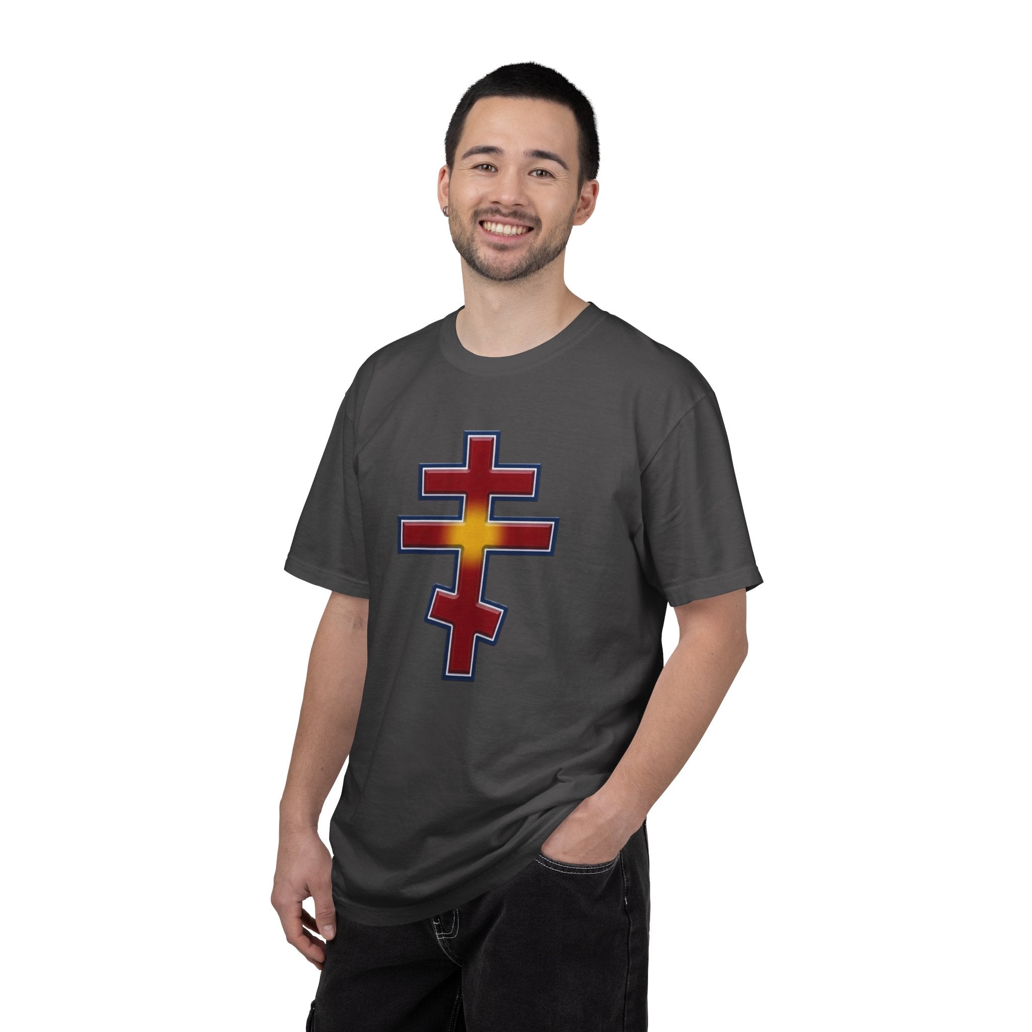 North Macedonian Orthodox Cross design on a heavyweight garment-dyed t-shirt