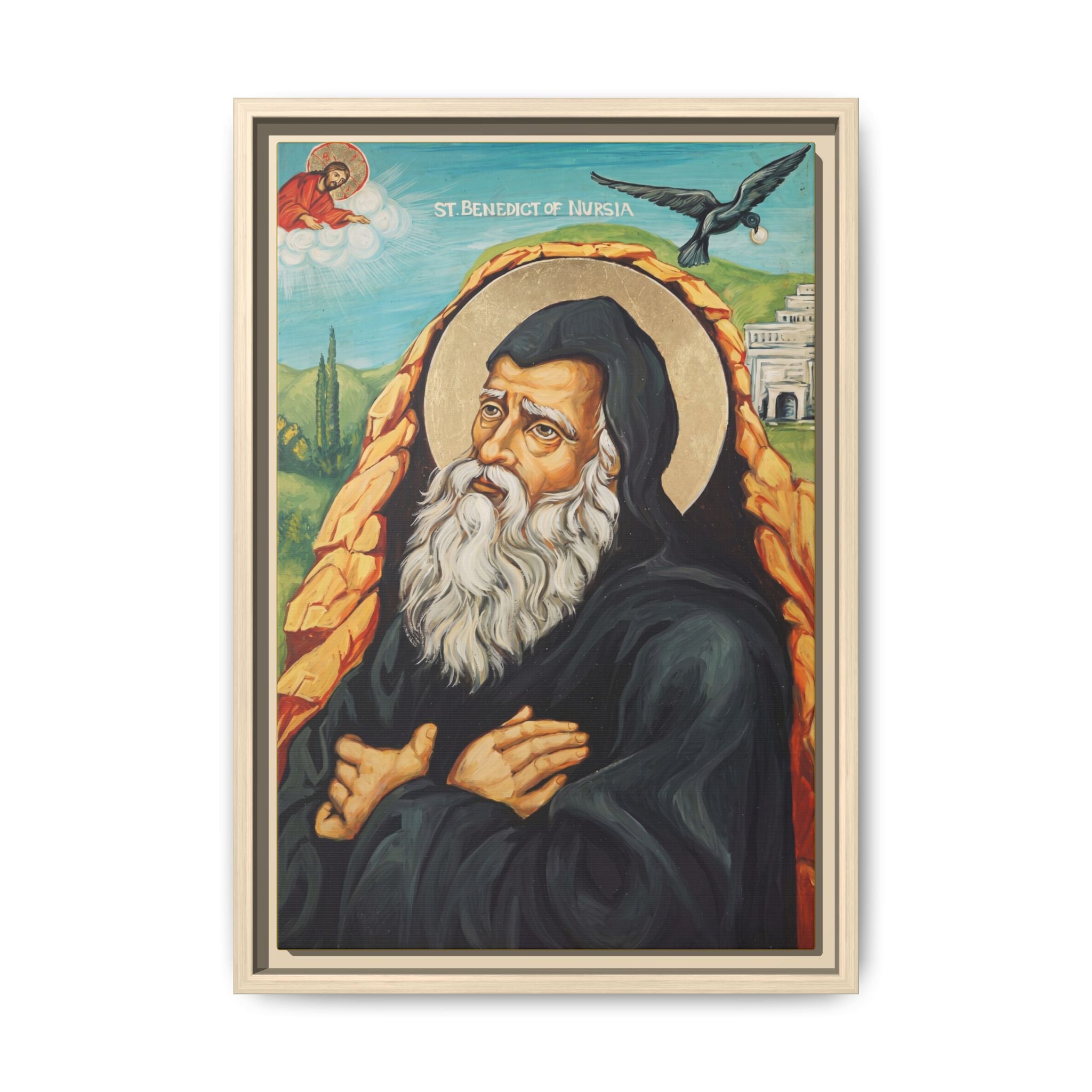 Framed canvas icon of Saint Benedict of Nursia, traditional Orthodox Christian artwork