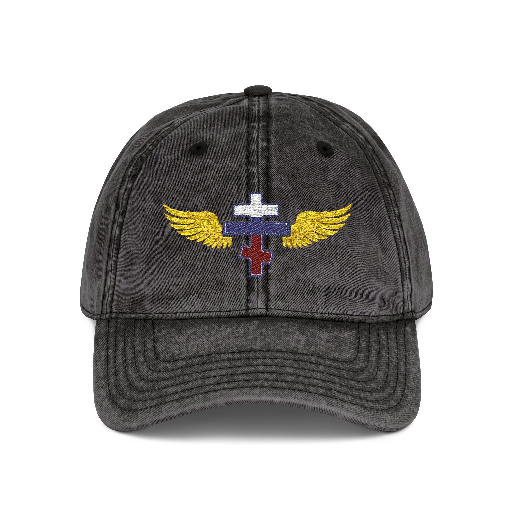 Russian Orthodox cross with wings embroidered on vintage cotton twill cap