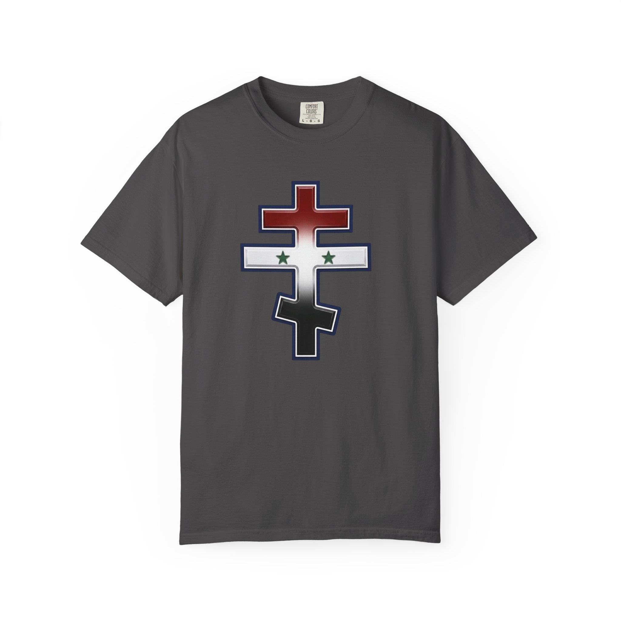 Syrian Orthodox Cross design on a heavyweight garment-dyed t-shirt