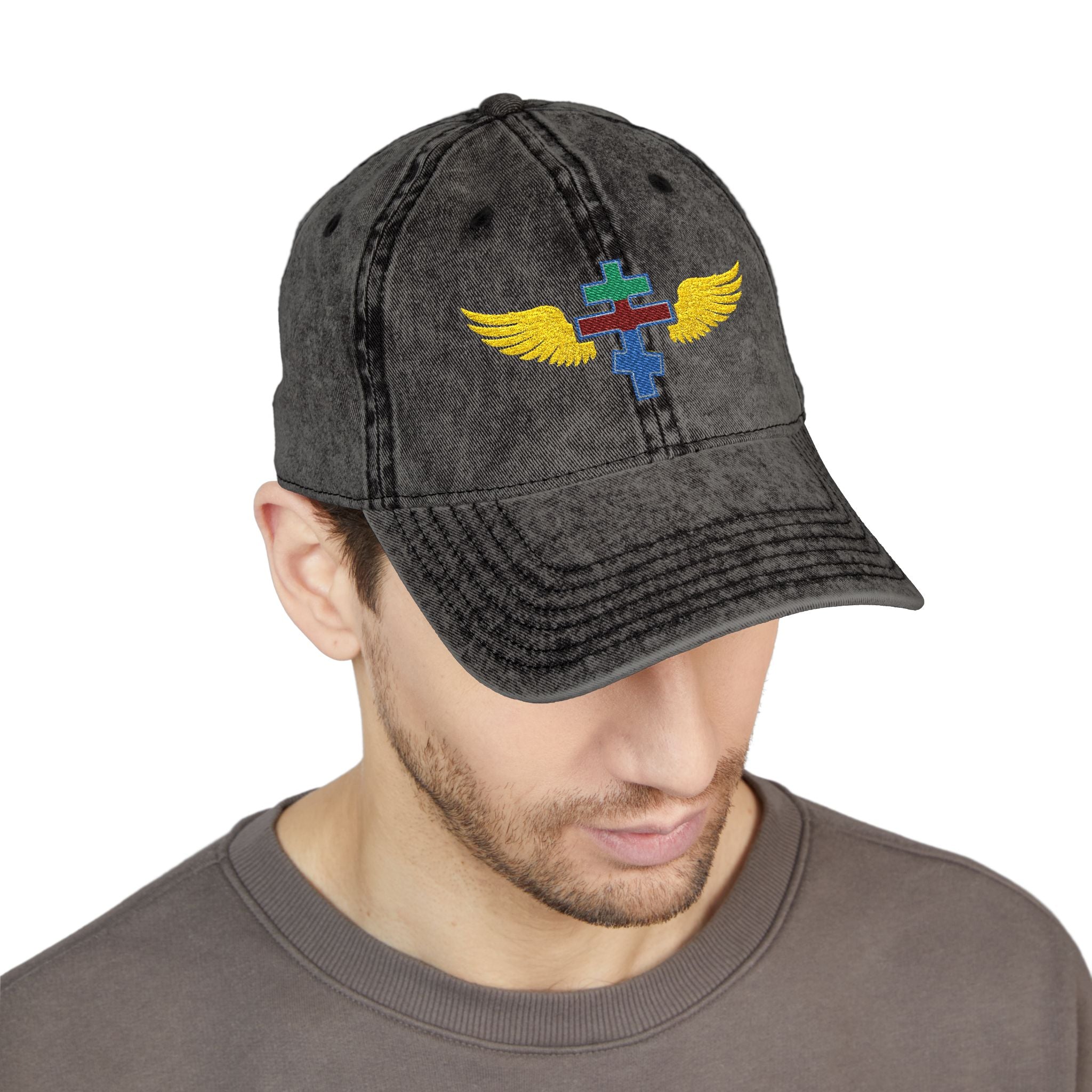 Eritrean Orthodox cross with wings embroidered on vintage cotton twill cap -- additional view 7