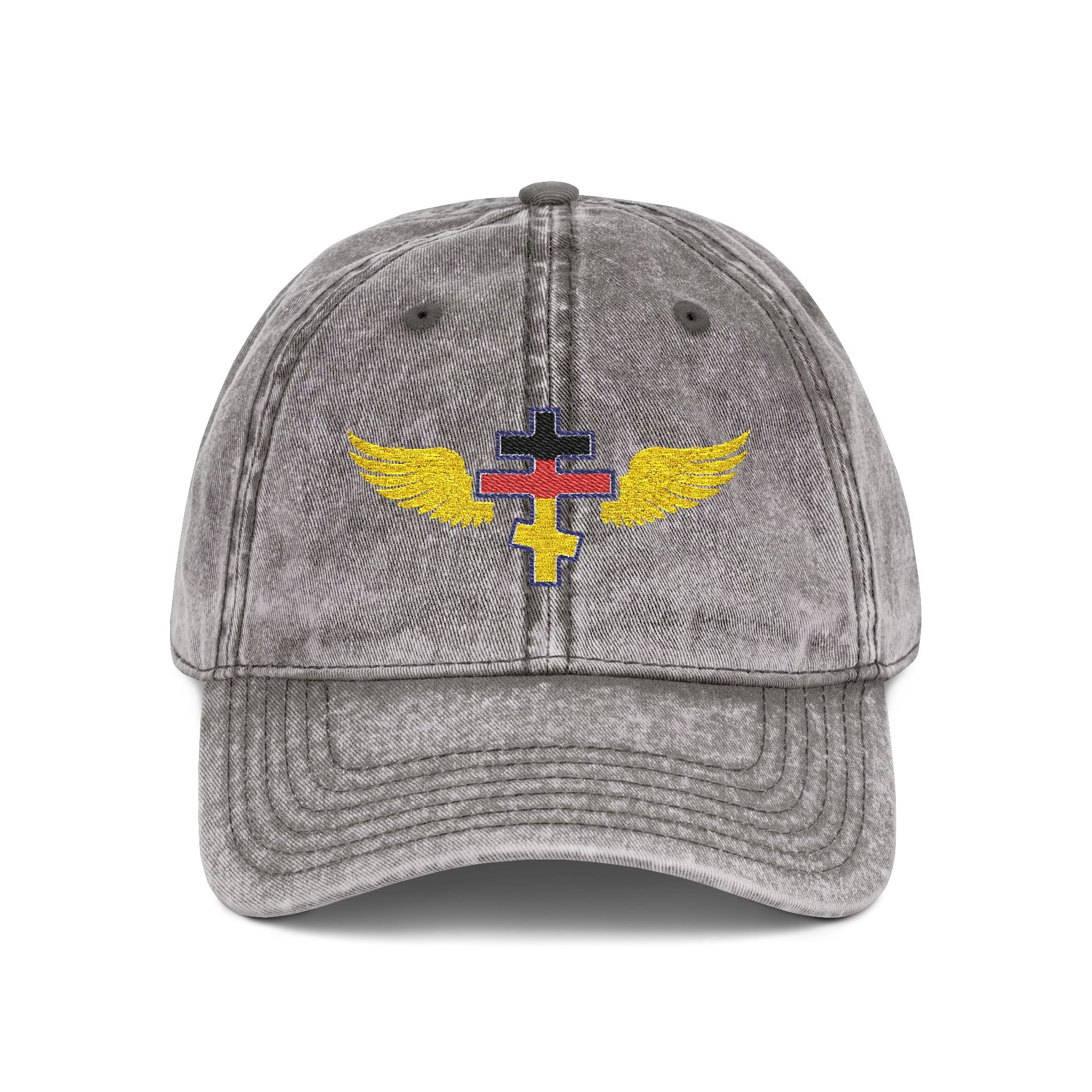 German Orthodox cross with wings embroidered on vintage cotton twill cap