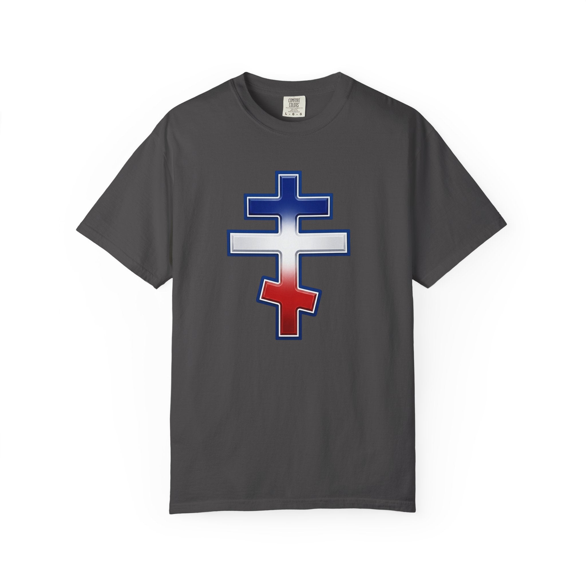 French Orthodox Cross design on a heavyweight garment-dyed t-shirt