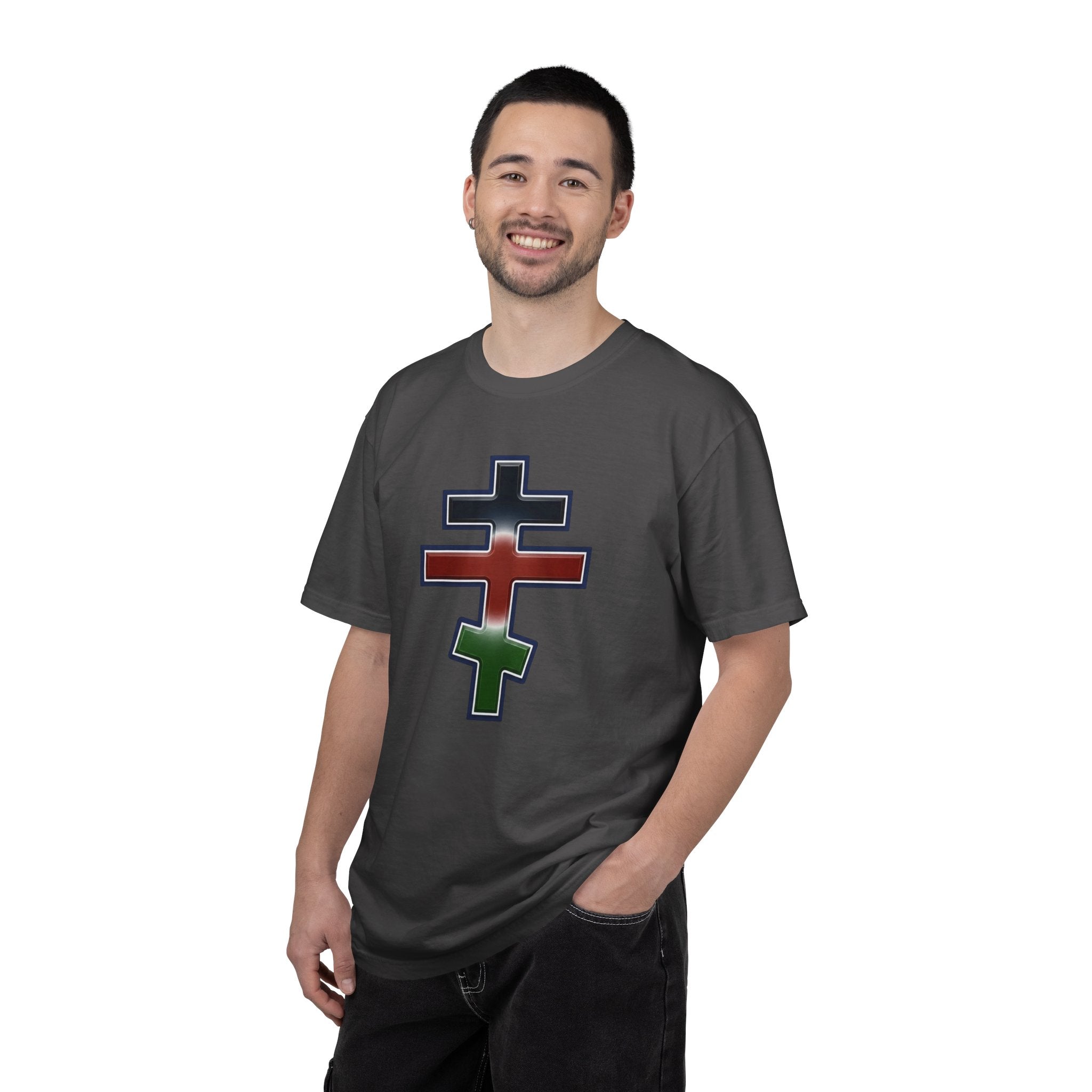 Kenyan Orthodox Cross design on a heavyweight garment-dyed t-shirt