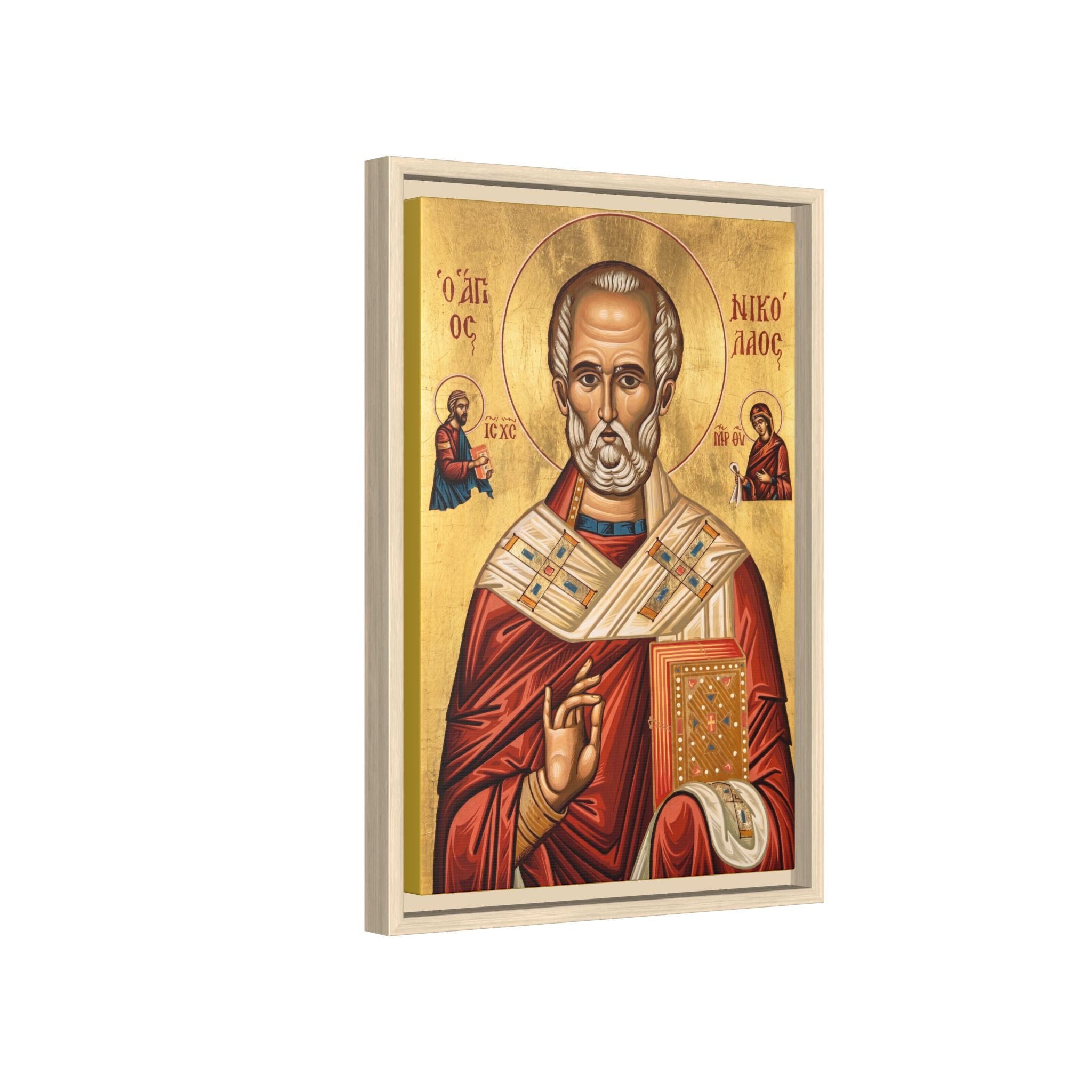 Framed canvas icon of Saint Nicholas the Wonderworker, traditional Orthodox Christian artwork