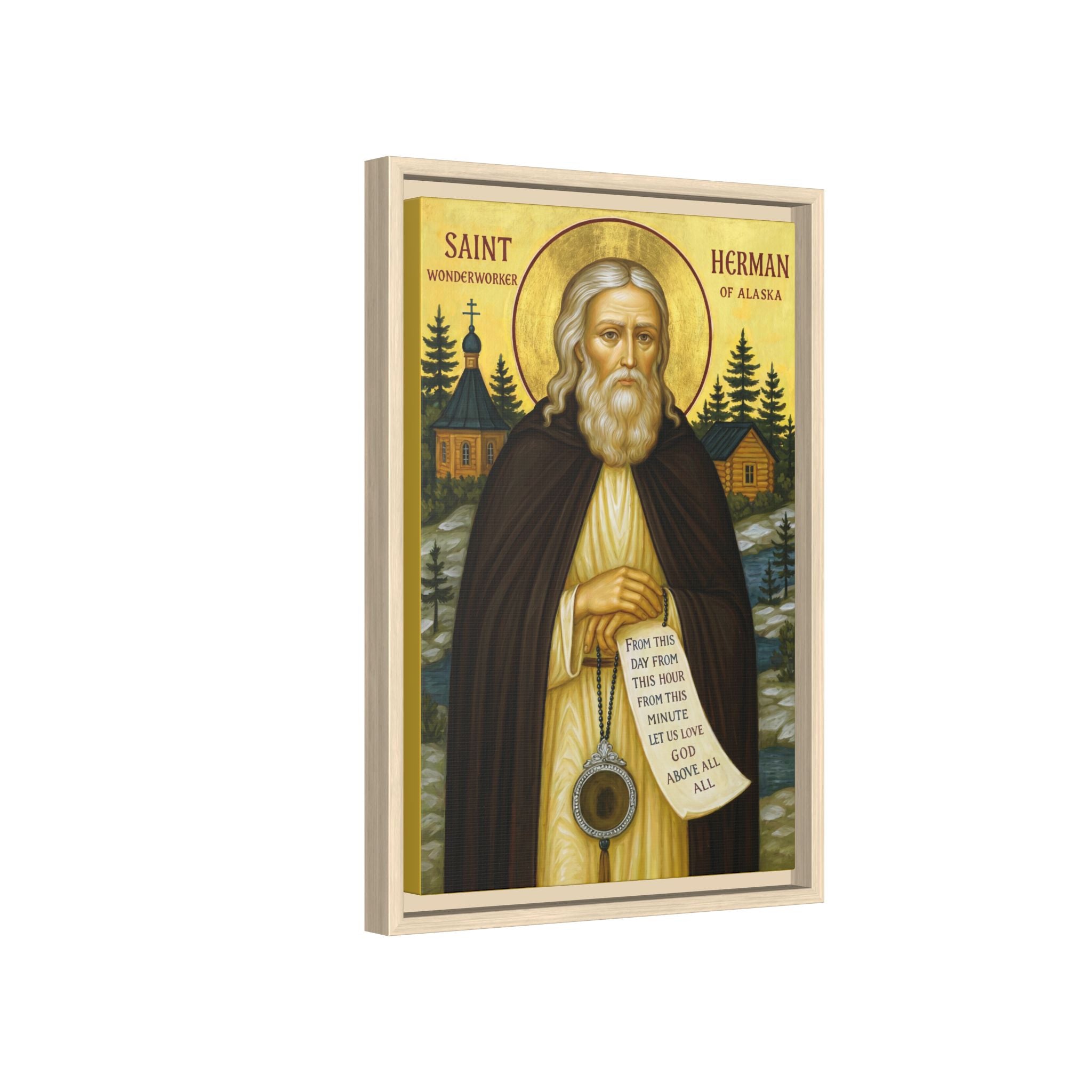 Framed canvas icon of Saint Herman of Alaska, traditional Orthodox Christian artwork