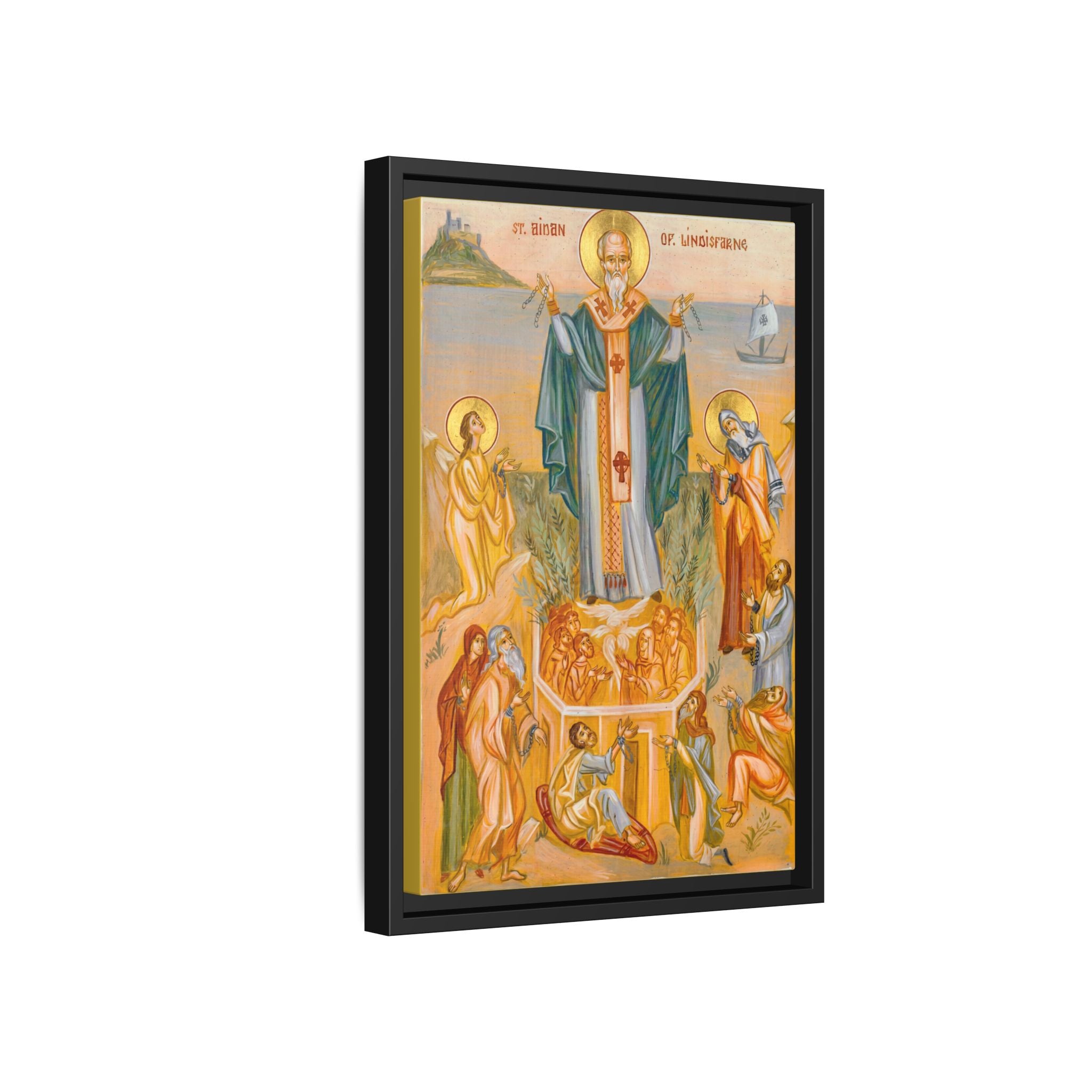 Framed canvas icon of Saint Aidan of Lindisfarne, traditional Orthodox Christian artwork