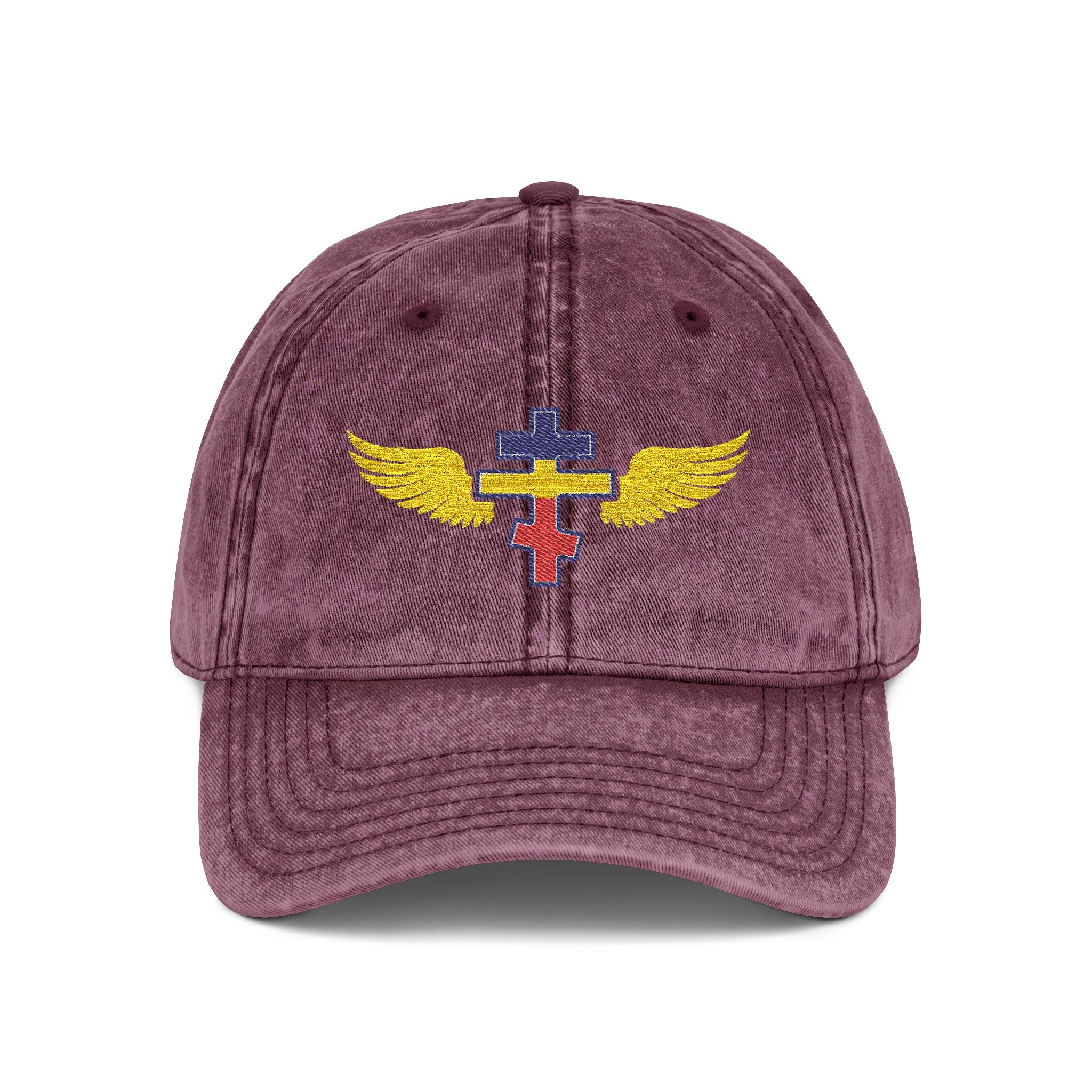 Romanian Orthodox cross with wings embroidered on vintage cotton twill cap -- additional view 4