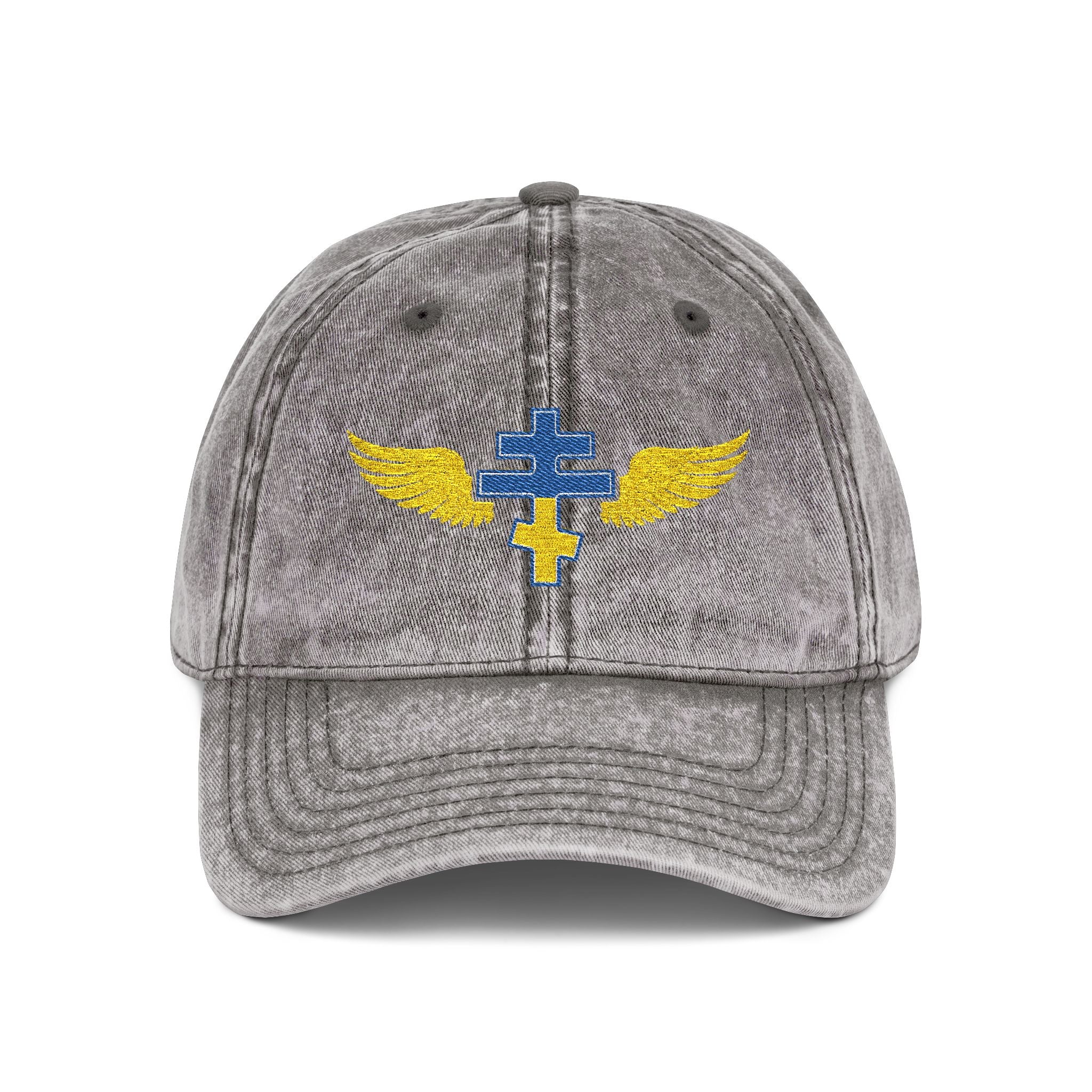Ukrainian Orthodox cross with wings embroidered on vintage cotton twill cap -- additional view 2