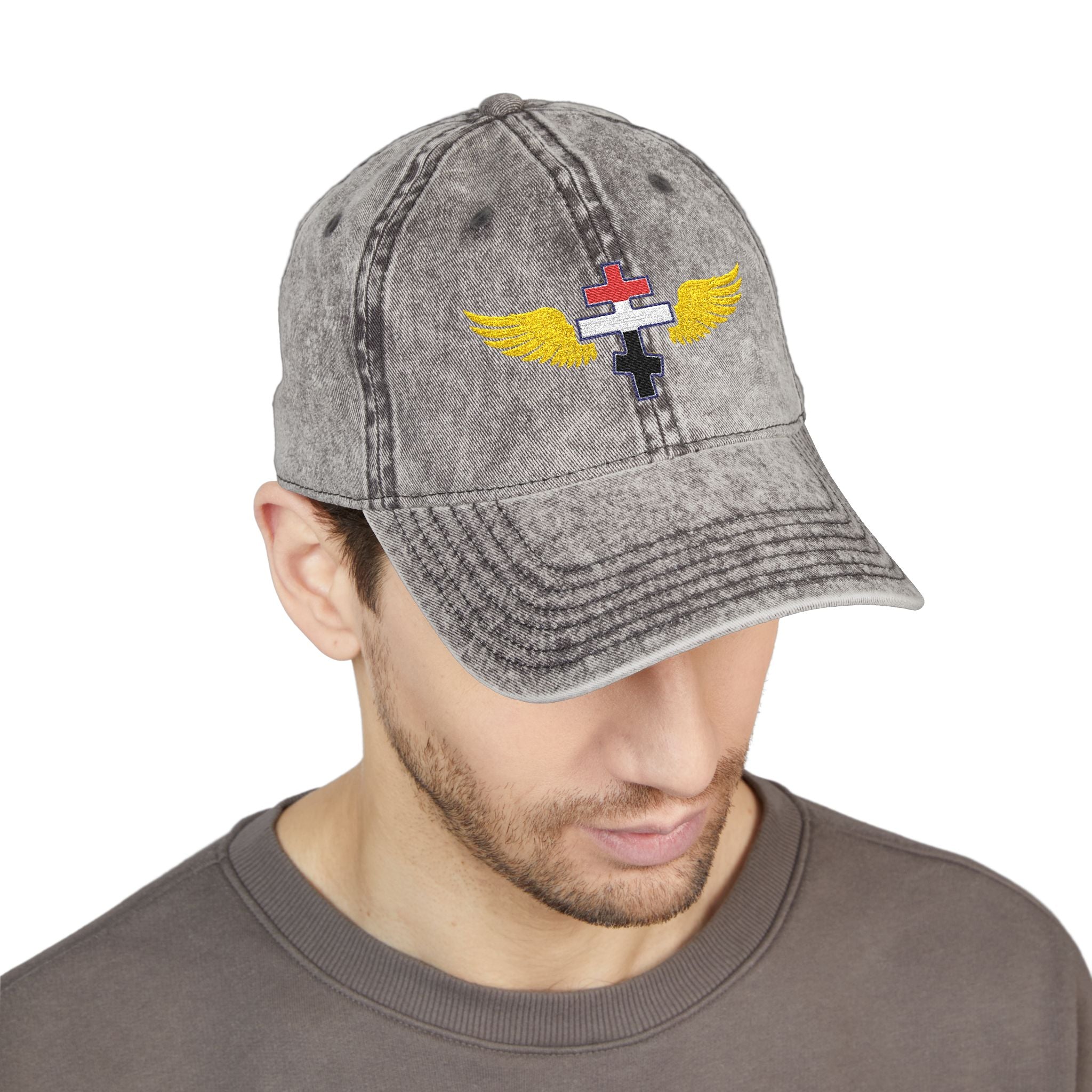 Egyptian Orthodox cross with wings embroidered on vintage cotton twill cap -- additional view 7