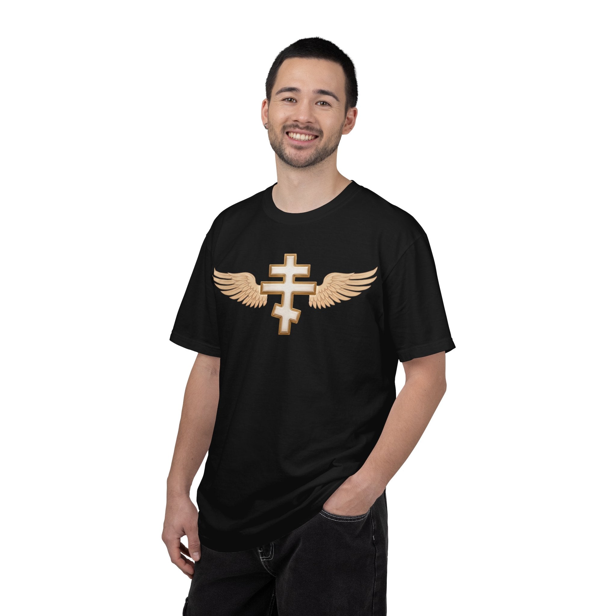 Classic white winged classic Orthodox cross design on a heavyweight garment-dyed t-shirt