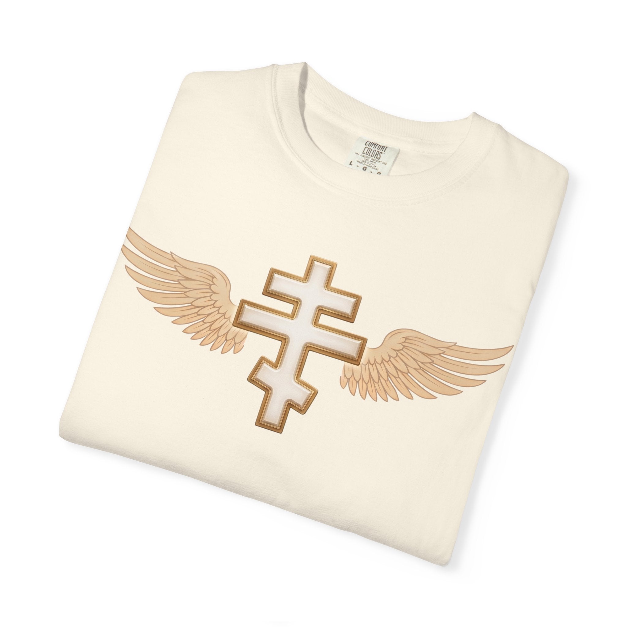 Classic white winged classic Orthodox cross design on a heavyweight garment-dyed t-shirt